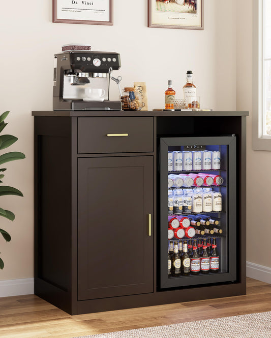 Otterease Bar Cabinet with Mini Fridge Space, Coffee & Wine Bar Cabinet with Drawer and Storage, Modern Liquor Cabinet & Buffet Sideboard for Living Room, Dining Room or Home Bar, Brown