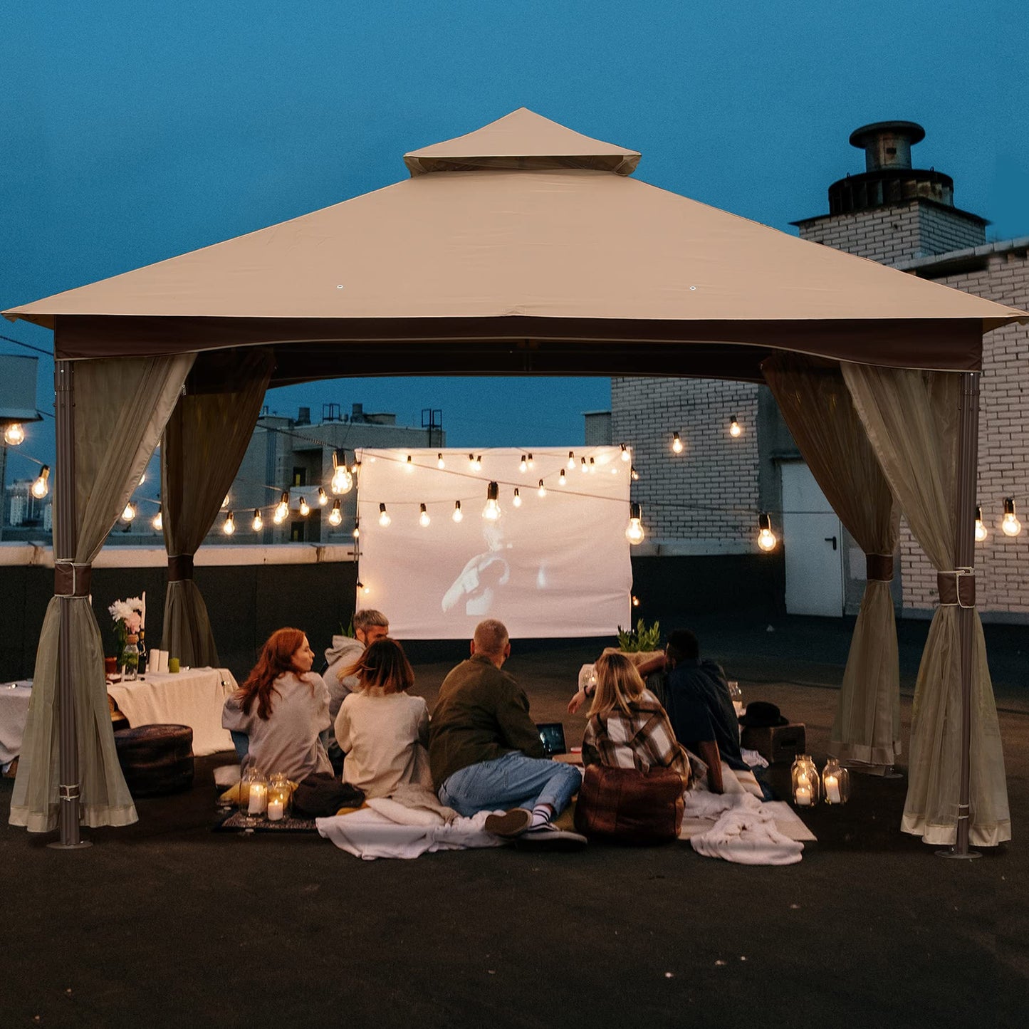Domi 10' x 13' Outdoor Canopy with Mosquito Netting, Double Roof Soft Top Gazebo Pergola, Metal Frame Patio Shelter for Deck, Backyard, Garden, and Lawn