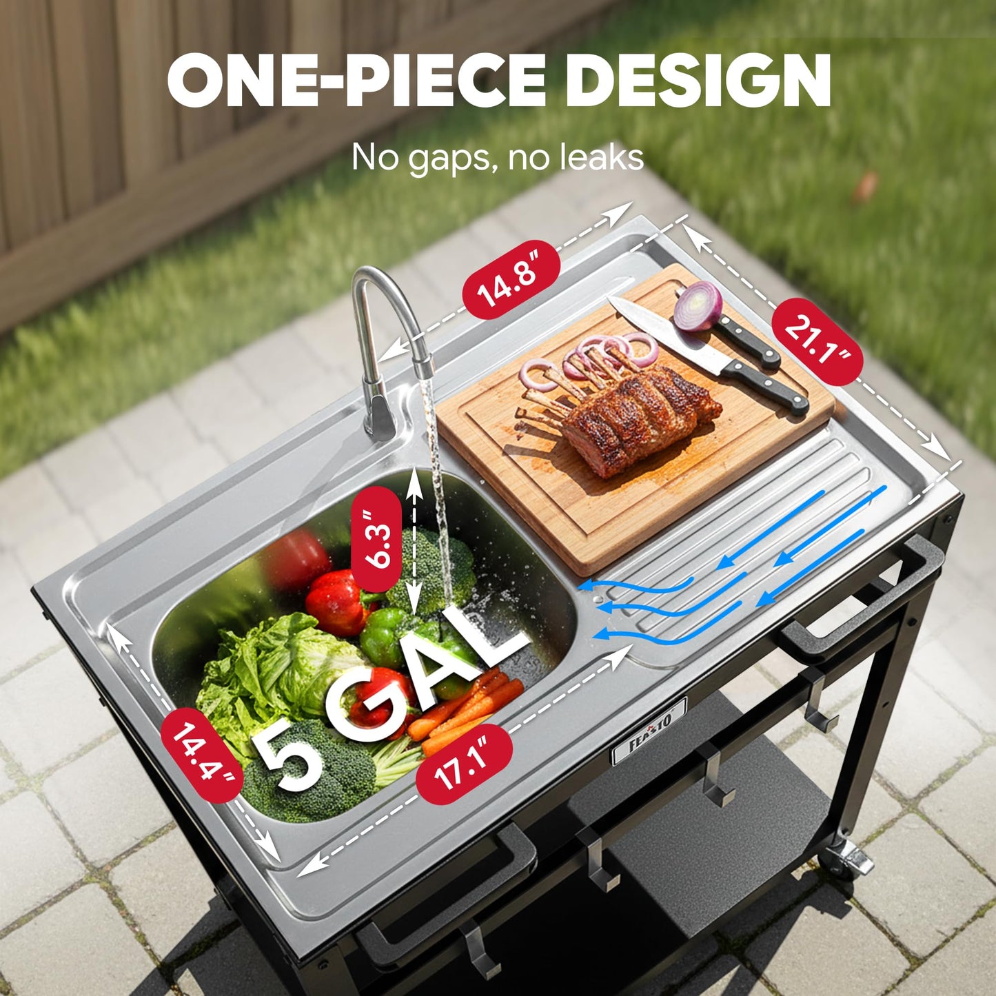 FEASTO 35-Inch Outdoor Grill Cart with Stainless Steel Sink, Rolling BBQ Prep Table with Faucet, Storage Shelves and Lockable Wheels for Patio, Backyard and Outdoor Cooking, Silver & Black