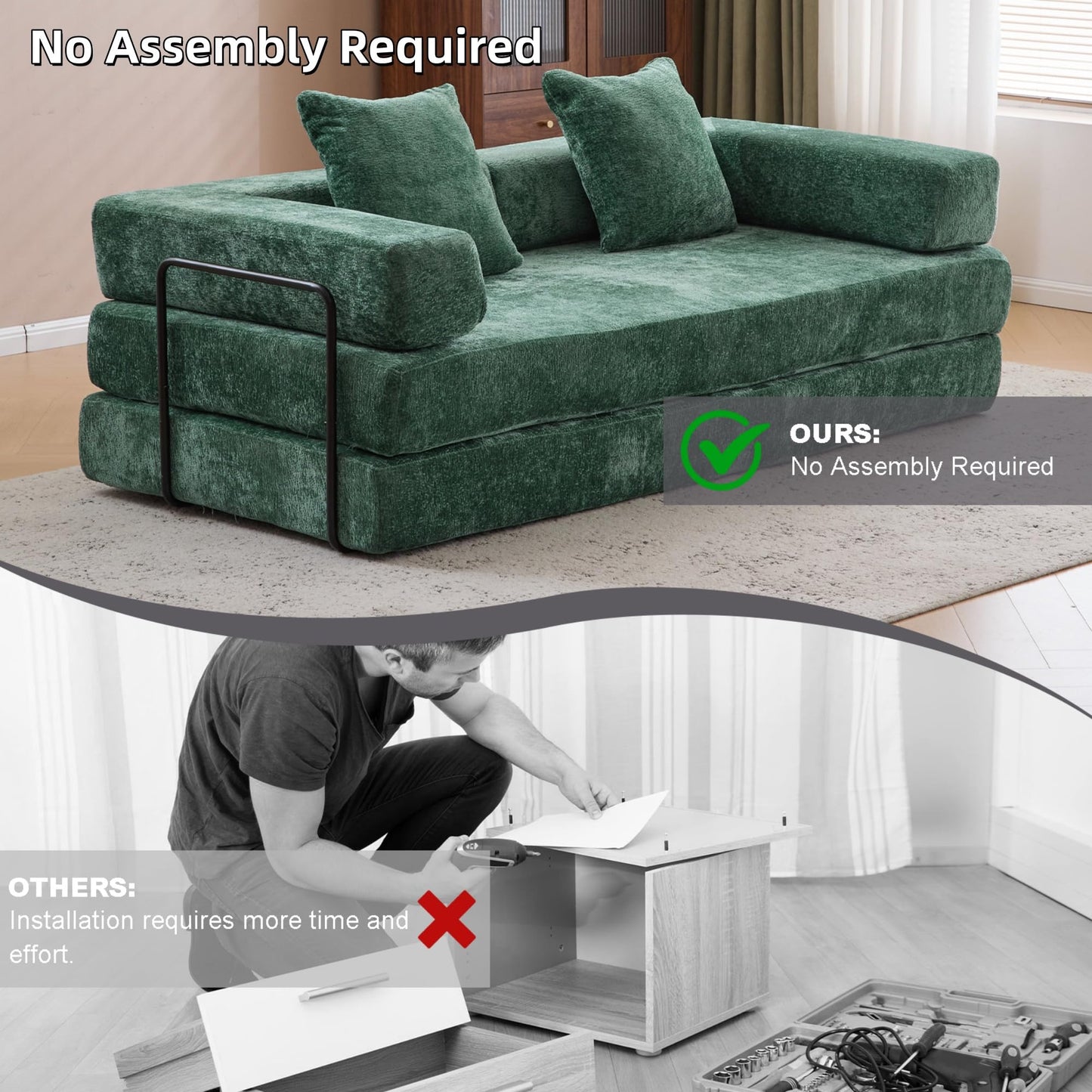Trygoal 78”Convertible Sofa Bed, 4-in-1 Futon Boneless Couch with Armrest & Pillows, Compressed Chenille Folding Sleeper Bed for Living Room, Guest Room and Dorm, Dark Green
