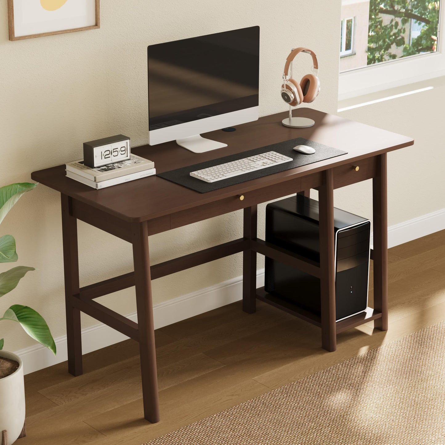 NELYE Solid Wood Desk with Drawer - 52 Inch Modern Writing and Computing Workstation for Home Office in Walnut