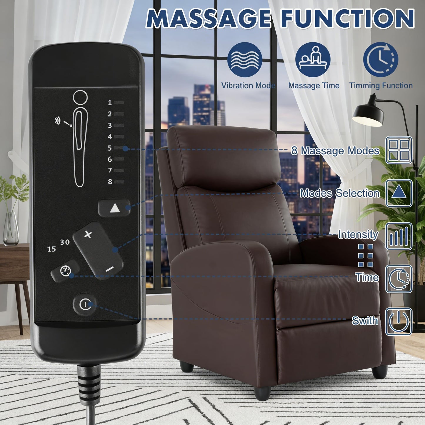 Simple Deluxe Massage Recliner Chair - Adjustable PU Leather Recliner, Luxe Reading Chair & Sofa Chair for Living Room Chairs or Bedroom Chair, Small Recliner for Home Theater, Brown