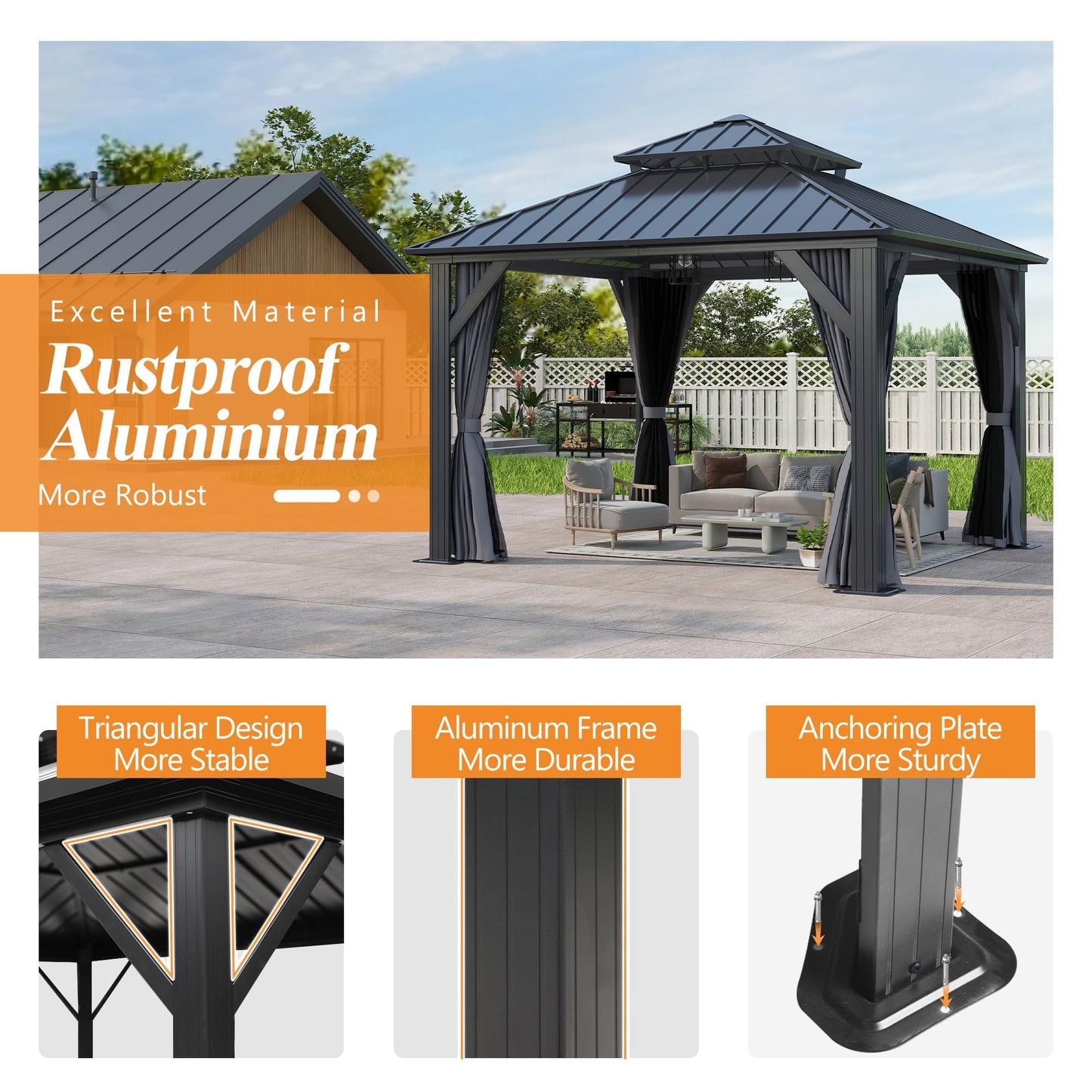 GARTOO 12'x12' Outdoor Hardtop Gazebo with Double Roof - Heavy-Duty Galvanized Steel Top Aluminum Frame Gazebo with Breathable Netting & Privacy Curtain for Patio, Porch, Garden, Lawn, Deck, Backyard