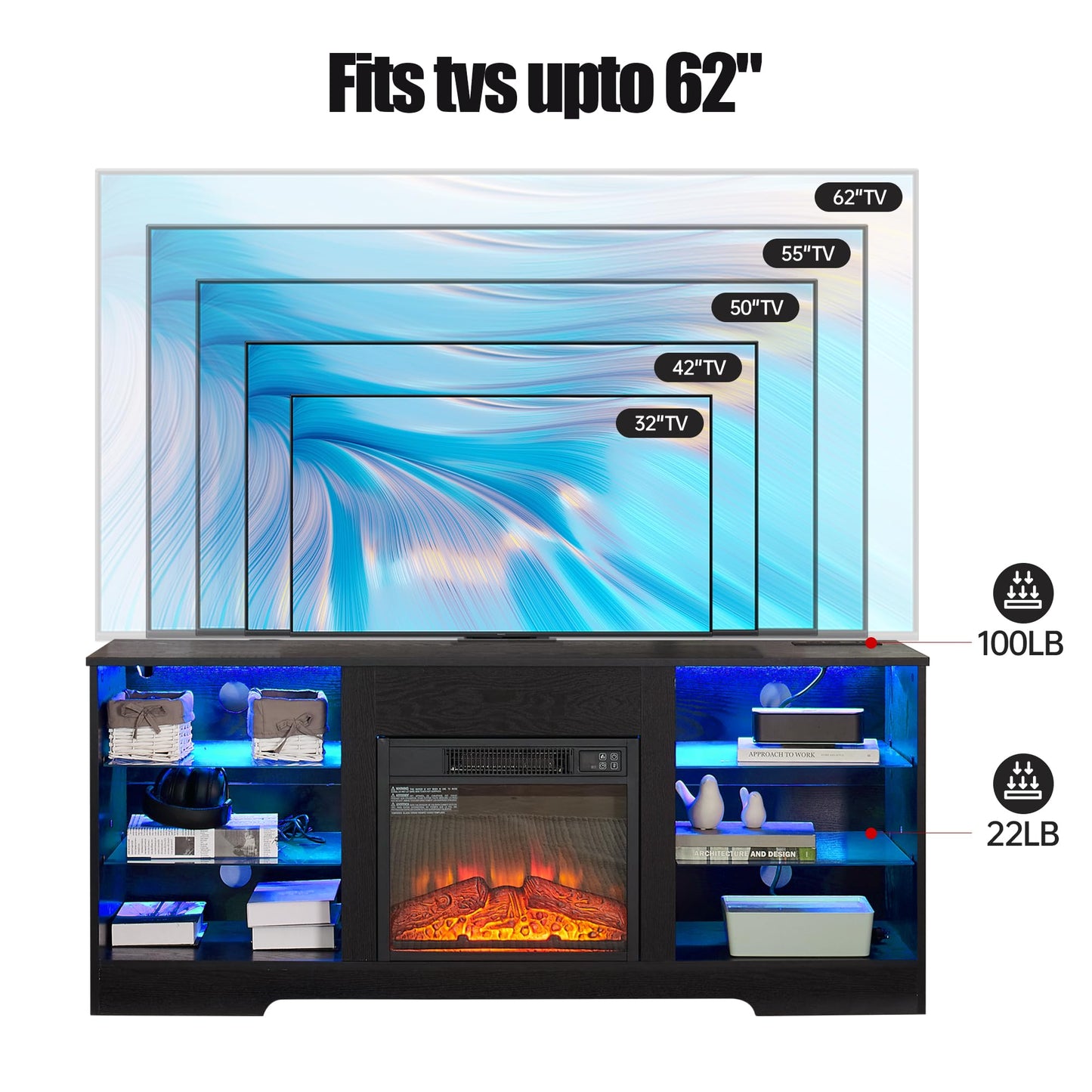 KEIKI 58" Electric Fireplace TV Stand for TVs Up to 62 inch, Modern Media Entertainment Center with LED Lights & Glass Shelves & USB Charging Outlet, TV Console Cabinet for Living Room, Black