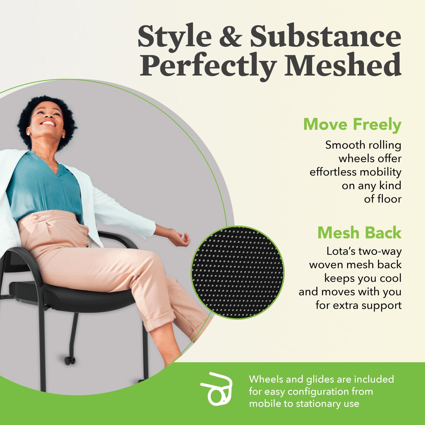HON Lota Mesh Office Chair with Arms and Casters, Guest and Conference Desk Chair for Reception Areas, Waiting Rooms, and Offices, Fabric Seat, Stackable Design, Black