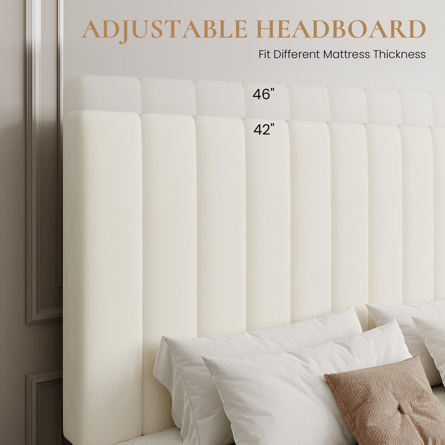 SHA CERLIN Queen Platform Bed Frame with 4 Storage Drawers, Vertical Channel Tufted Adjustable Headboard, Velvet Upholstered, Wooden Slats Support, No Box Spring Needed, Easy Assembly, Cream