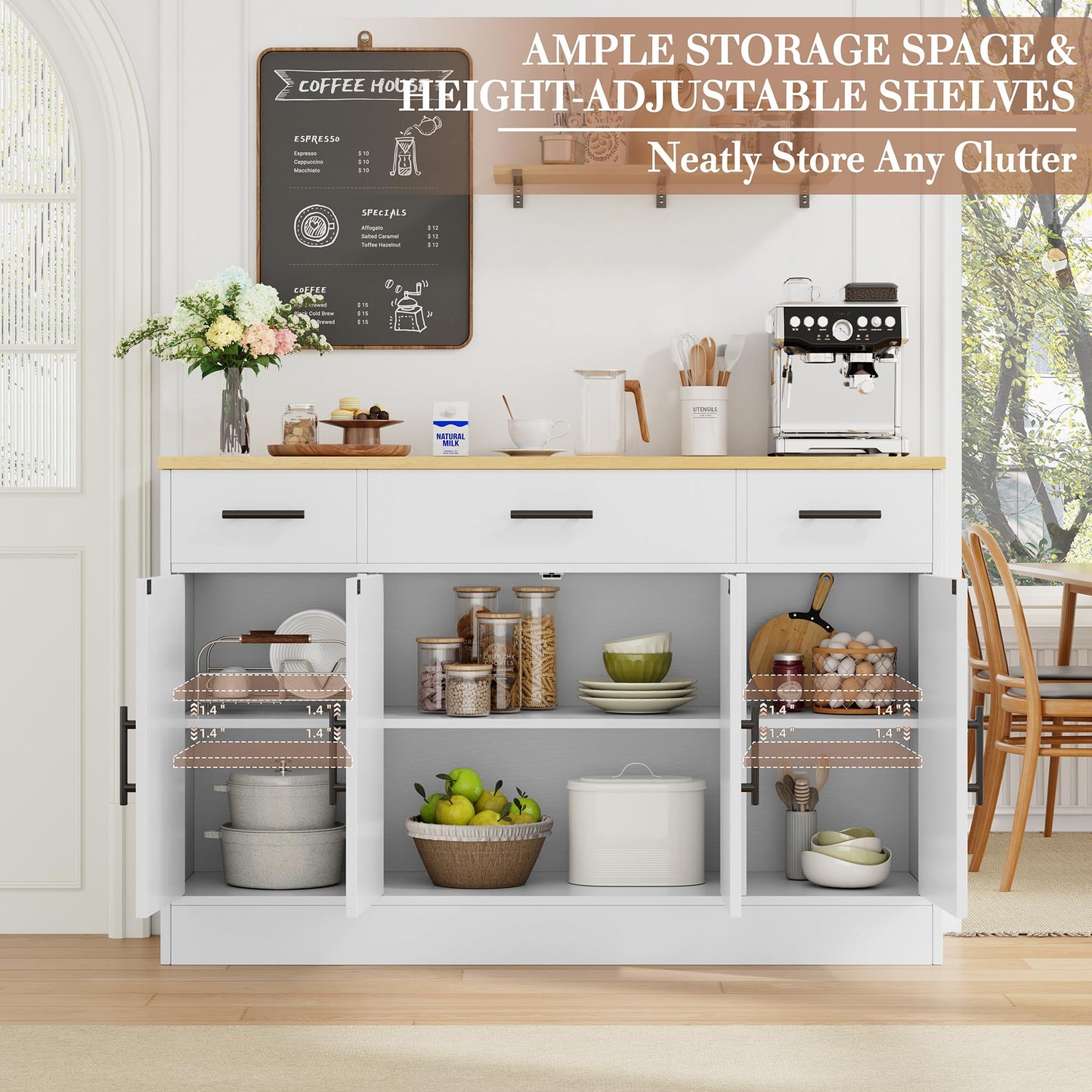 Shintenchi Buffet Cabinet with Storage,53.4" Large Kitchen Storage Cabinet with 3 Drawers and 4 Doors,Wood Farmhouse Buffet Sideboard with Adjustable Shelf for Kitchen Living Room, White