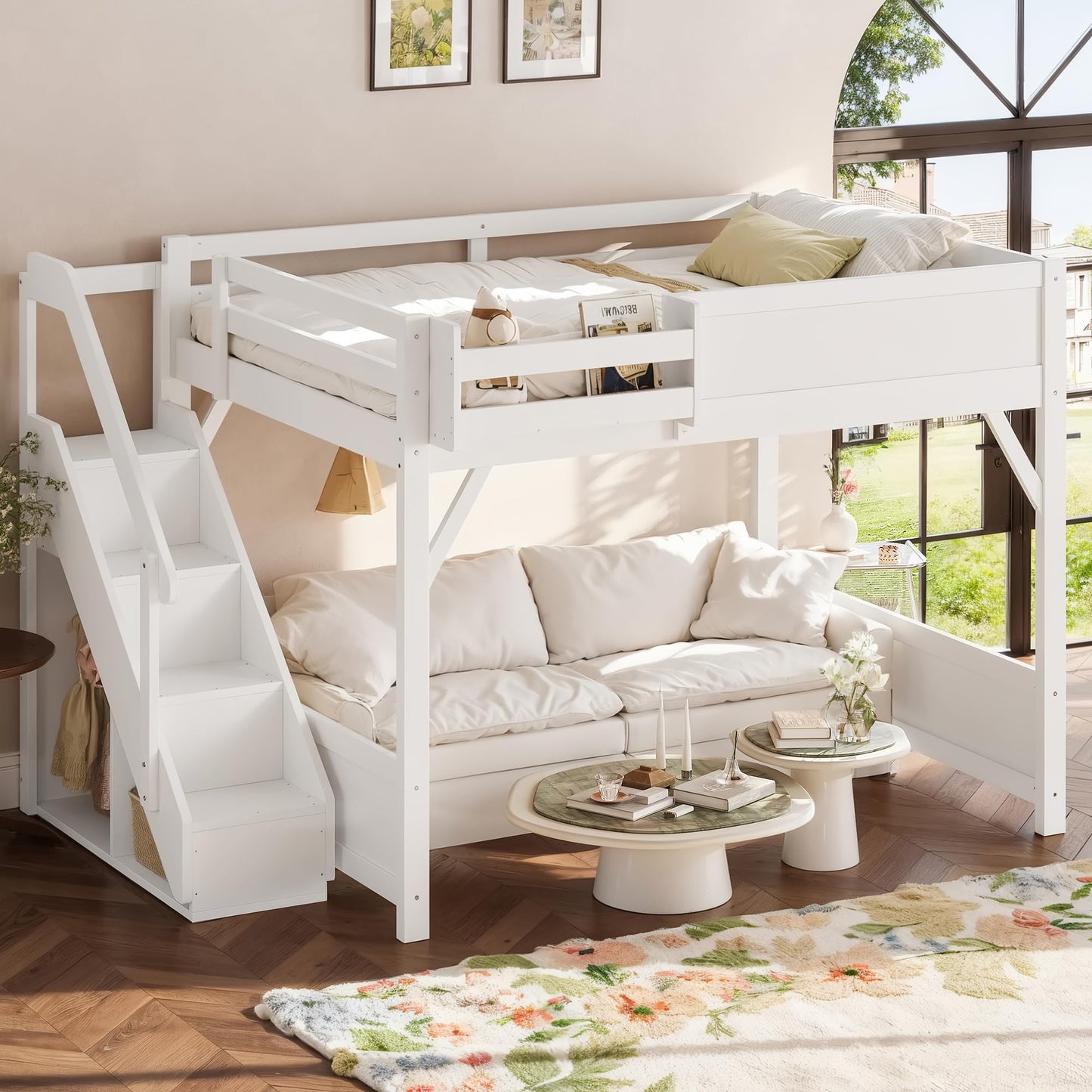 KEIKI Solid Wood Queen Size Loft Bed Frame with Stairs, Built-in Wardrobe and Storage Space, Queen Loft Bed with Shelves, Queen-Length Guardrails, No Box Spring Needed for Bedroom, Light White