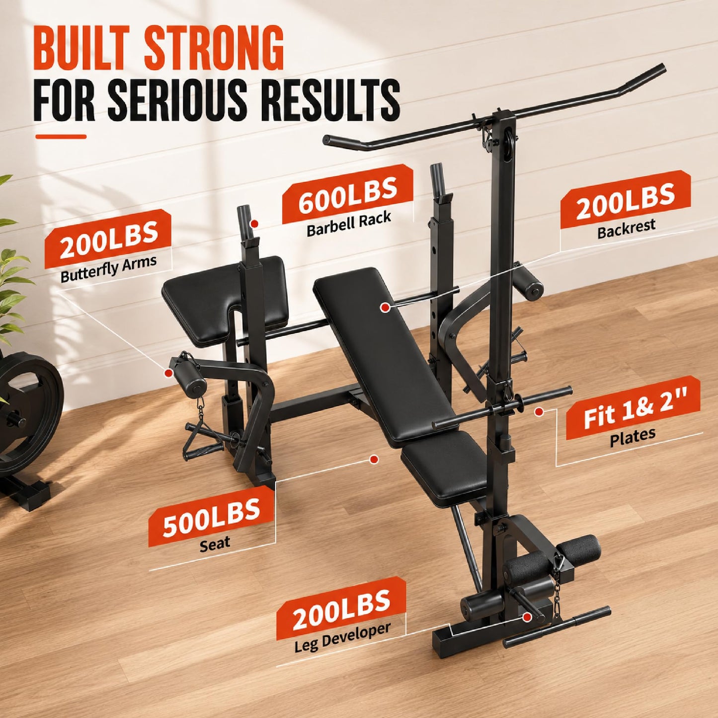 Weight Bench Set with Leg Extension & Preacher Curl Pad, 9-In-1 Adjustable Workout Bench Press with LAT Pulldown, Butterfly Arms & Squat Rack, Multi-Function Strength Training Equipment for Home Gym