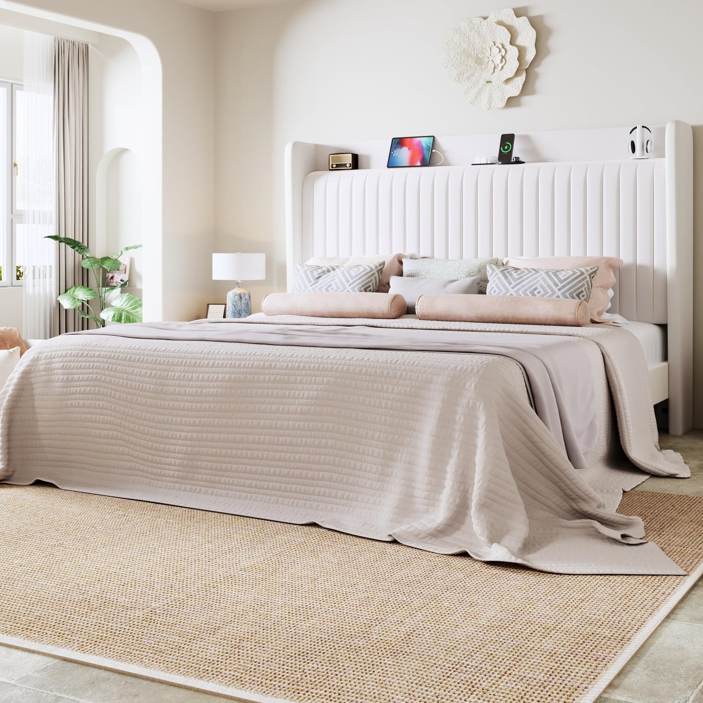 Allewie King Size Platform Bed Frame with USB Charging Station and Storage Shelf/Upholstered Velvet Wingback Headboard/Wooden Slats Support/No Box Spring Needed/Easy Assembly, White