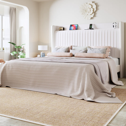 Allewie King Size Platform Bed Frame with USB Charging Station and Storage Shelf/Upholstered Velvet Wingback Headboard/Wooden Slats Support/No Box Spring Needed/Easy Assembly, White