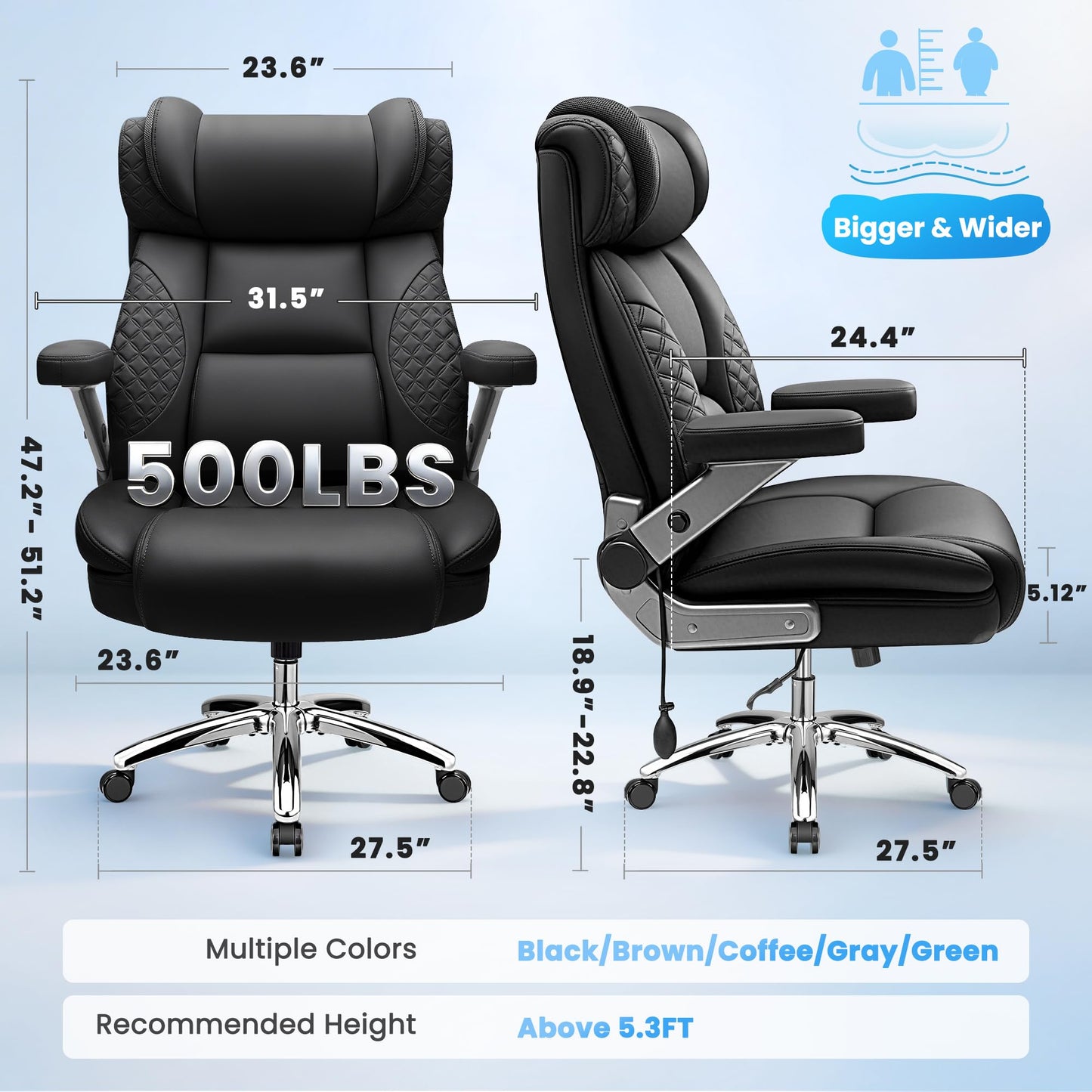 Big and Tall Office Chair, Desk Computer Chair for Heavy People, Oversized Executive Gaming Chair, Extra Wide 500LBS Ergonomic Comfy Office Chair with Adjustable Lumbar Support & 5D Flip Arms