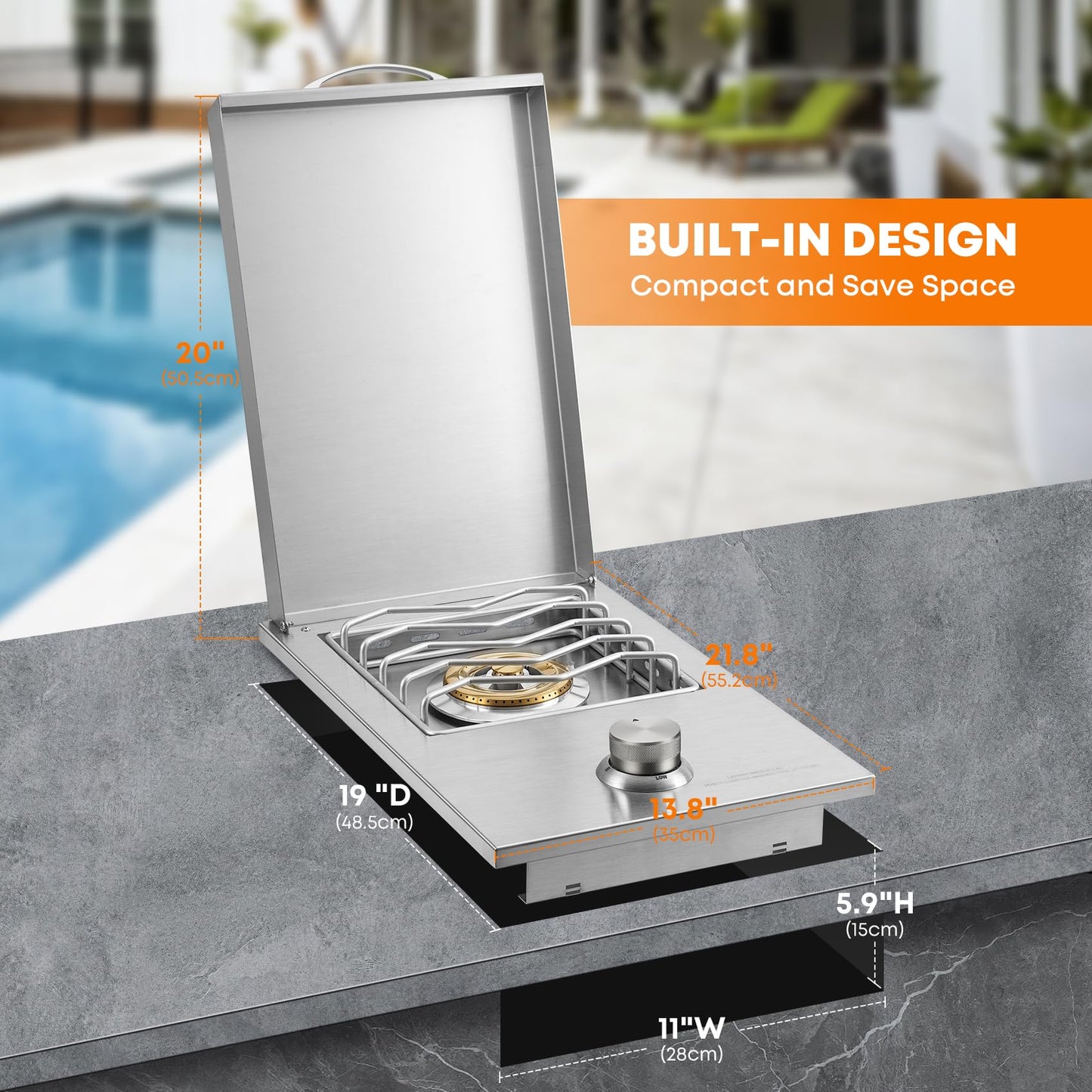 Stanbroil Built-in Single Side Burner for Outdoor Kitchen, 304 Stainless Steel Grilling Side Burners - Natural Gas Only