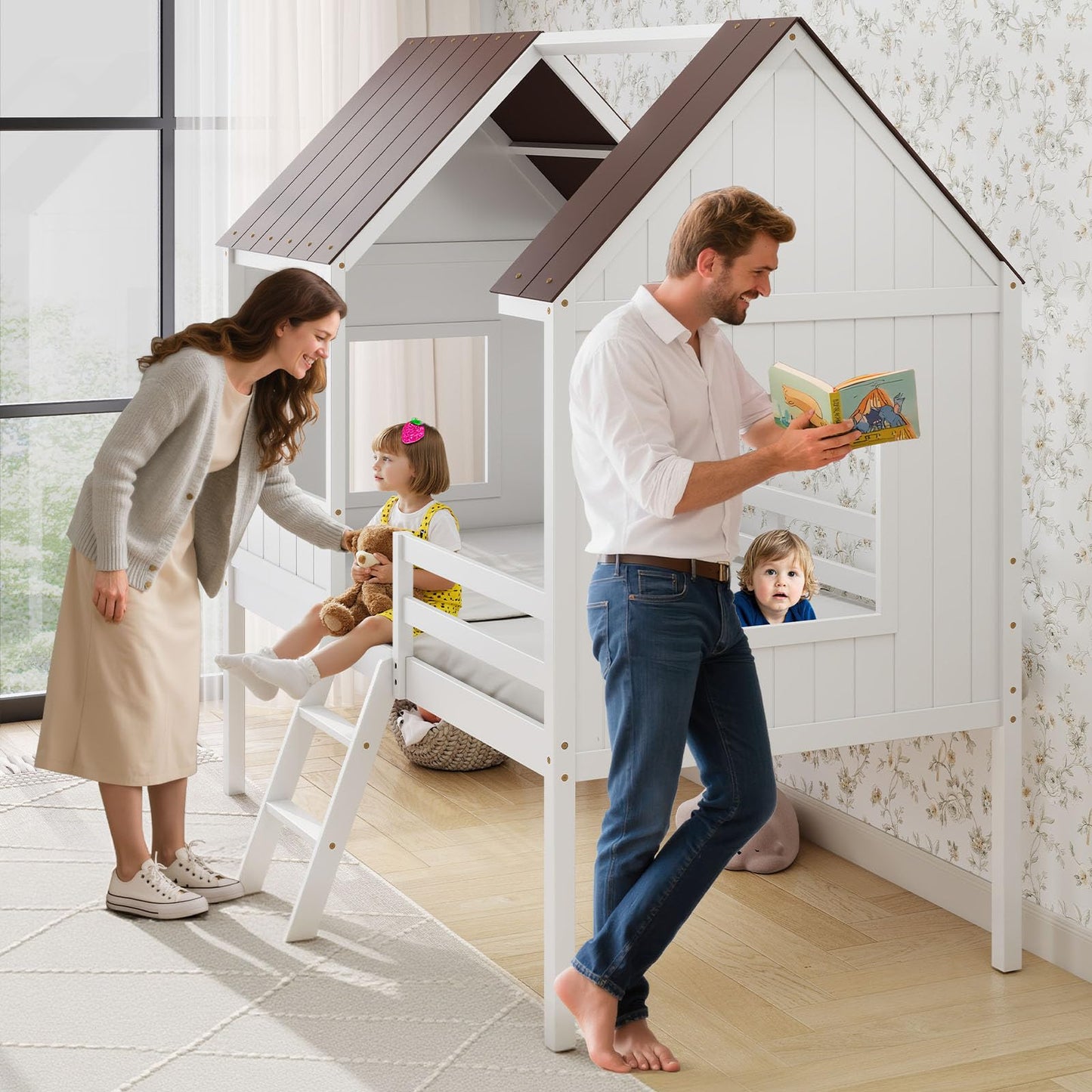 DUMOS Low Loft Beds Twin Size with Windows and Roof, Wooden House Bedframe with 2-Step Ladder and Safety Guardrail, Solid Wood Bed Frame with Under-Bed Storage for Kids Teens, Chocolate