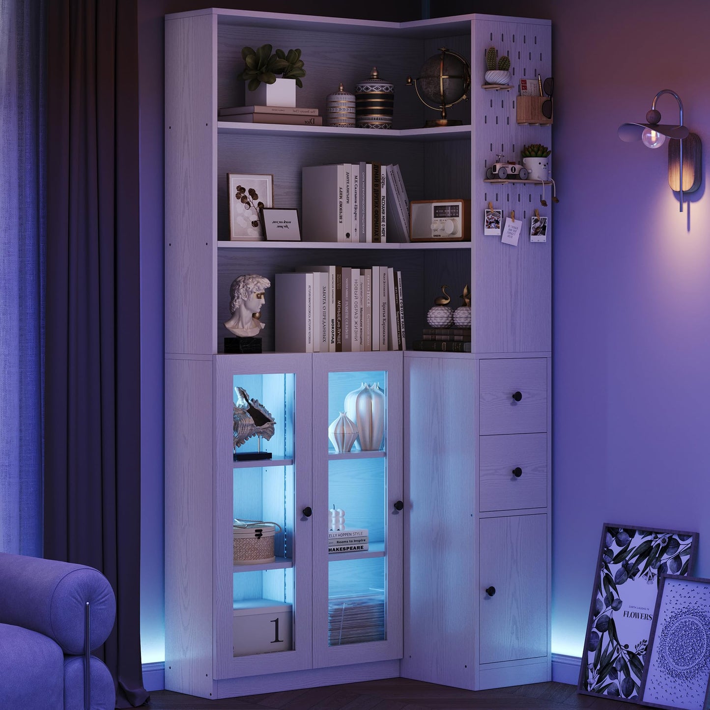 IRONCK Corner Bookshelf with LED Lights, 78.7" Tall Corner Bookshelves with 2 Drawers & Transparent Doors, 7 Tiers L-Shaped Bookcase with Open Shelves and Pegboards for Living Room, Home Office, White