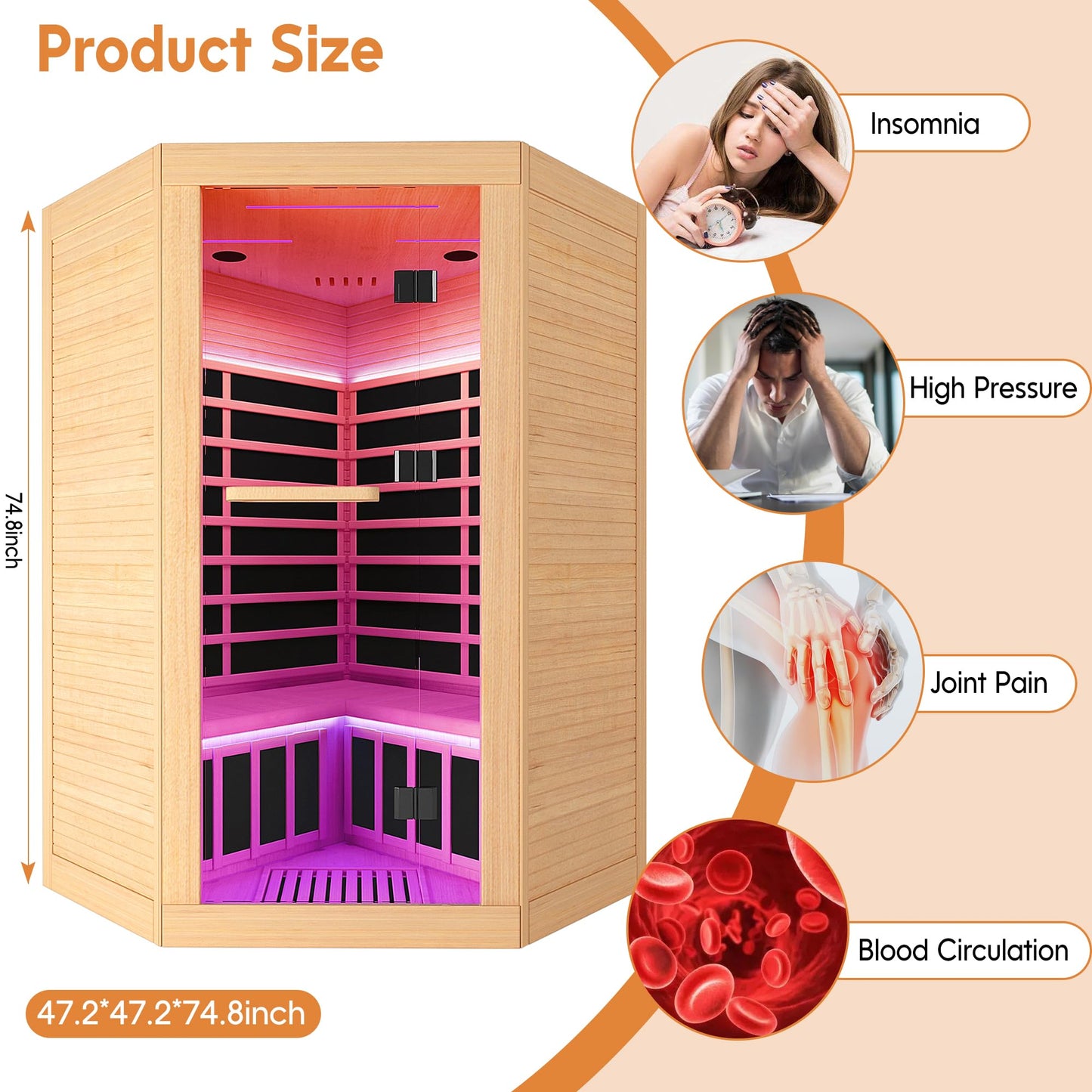 RIGO 2-3 Person Infrared Sauna Cabin — 2180W Home Dry Sauna Cabin with Bluetooth Speaker, Low Electromagnetic Radiation Spruce Wood Interior Dimensions: 47.2 x 47.2 x 74.8 inches