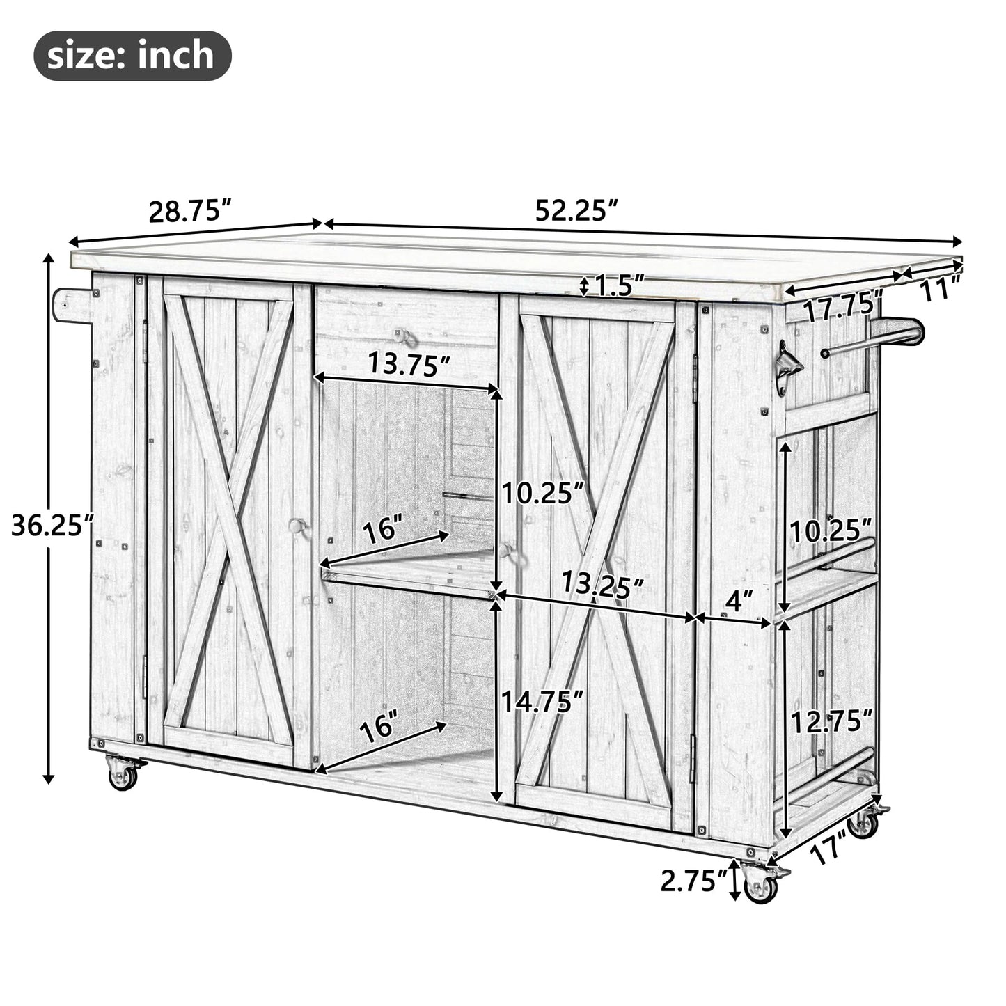 52.25" W Outdoor Kitchen Island Patio Grill Cart with Stainless Steel Tabletop, Storage Cabinet for BBQ, Bar