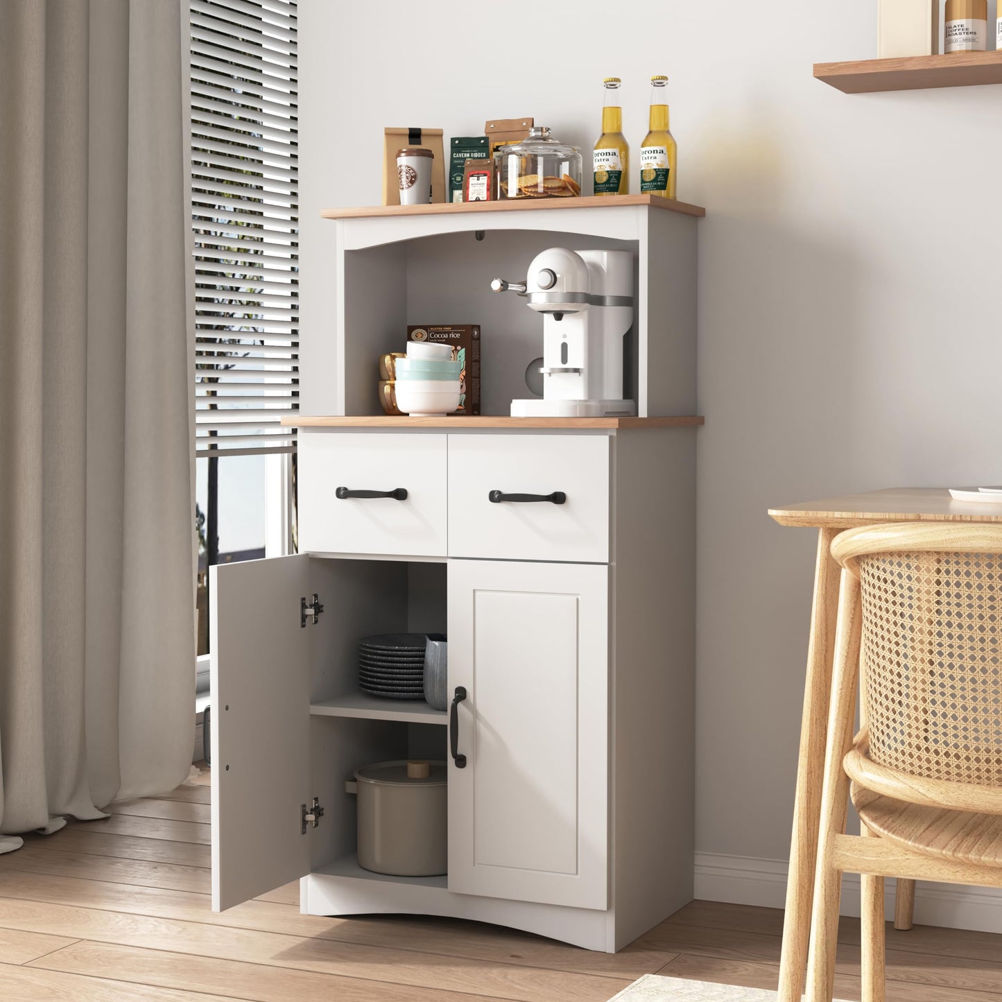 GDFStudio Wooden Kitchen Pantry Cabinet with Microwave Stand & Storage Drawer, Modern MDF Storage Cabinet with Adjustable Shelf, 2 Doors, Rectangle Home Organization Cupboard, White