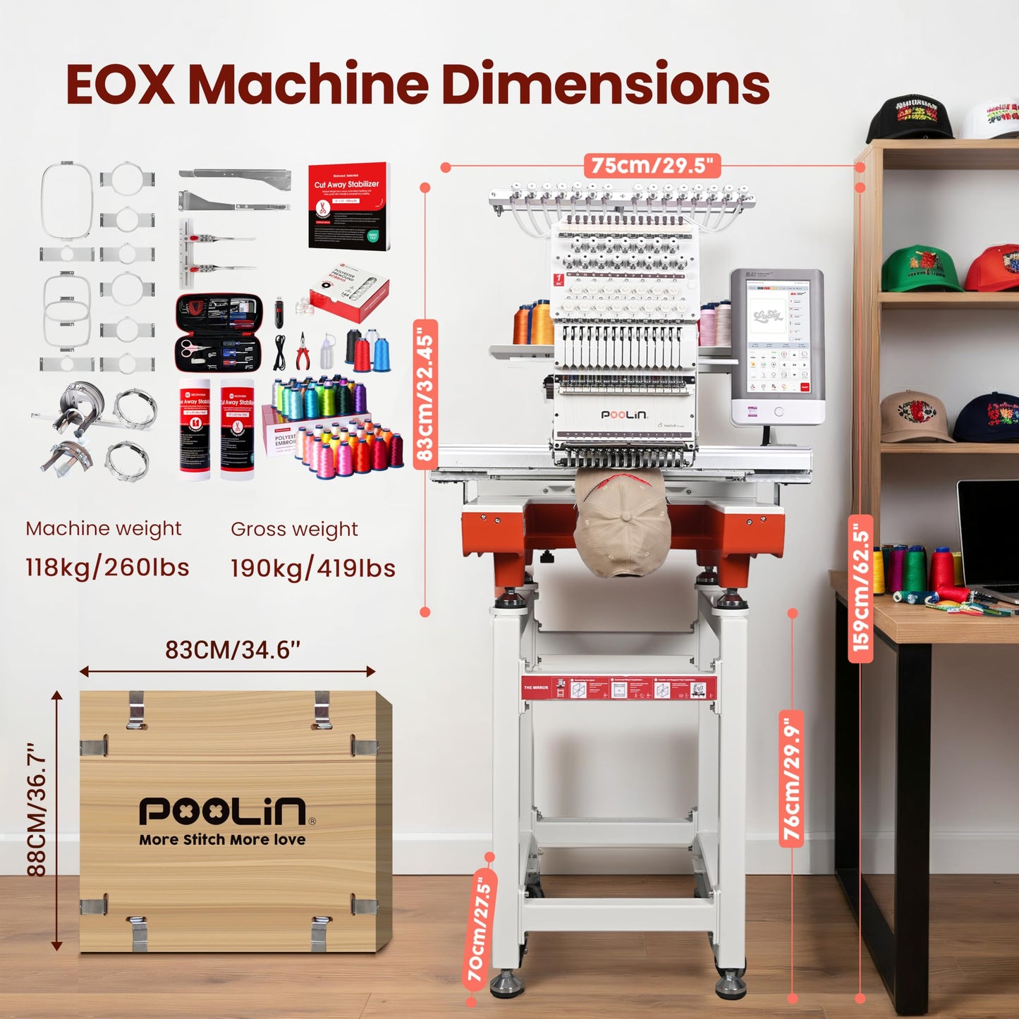 Poolin EOX 15 Needle Embroidery Machine for Business,20"x14" Embroidery Area,270° Hat 3D Cap System,Commercial Multi-Needle Embroidery Machine,WiFi &USB,1200 SPM for Shirts,Patches,Shoes,Hat