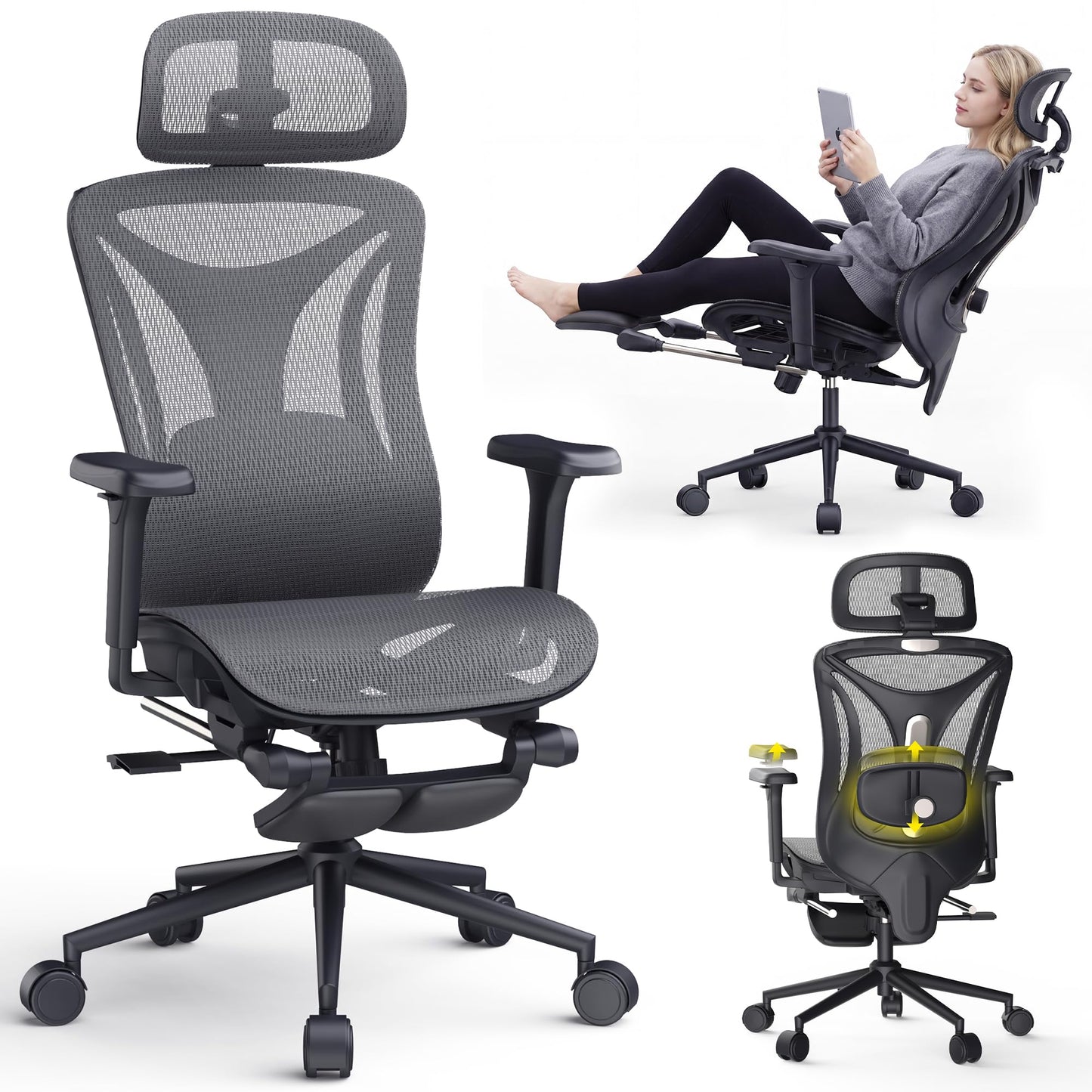 CYKOV Ergonomic Office Chair with Footrest - Adjustable Lumbar Support & Headrest, 90-160° Reclining Mesh Back Computer Chair - Home Office/Gaming, 350lbs Capacity (SGS Certified) (B-Grey, Mesh)