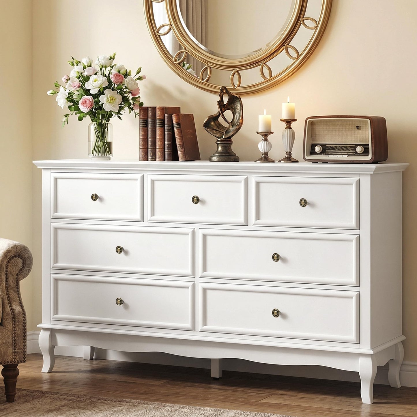 RoyalCraft 53" Wide 7 Drawer Dresser, White Dresser for Bedroom, Modern White Chest of Drawers with Solid Wood Legs and Painted Finish, Wooden Storage Closet Cabinet Organizer for Hallway, Living Room
