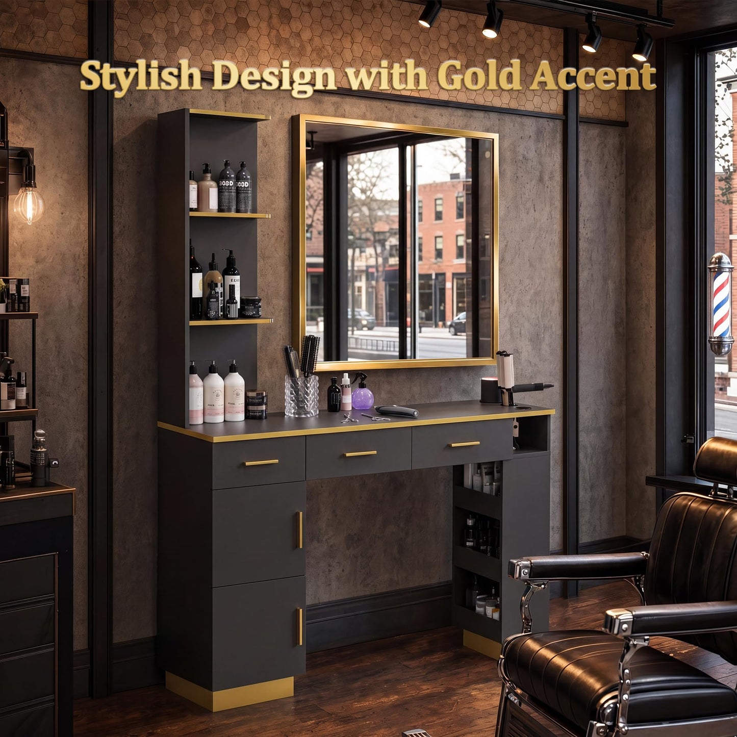 Salon Station for Hair Stylists, Professional Barber Desk Styling Station with 2 Cabinets, 3 Drawers, Display Rack & Open Shelves, Salon Storage Cabinet for Barber Shop Spa Beauty, Wall Mount, Black