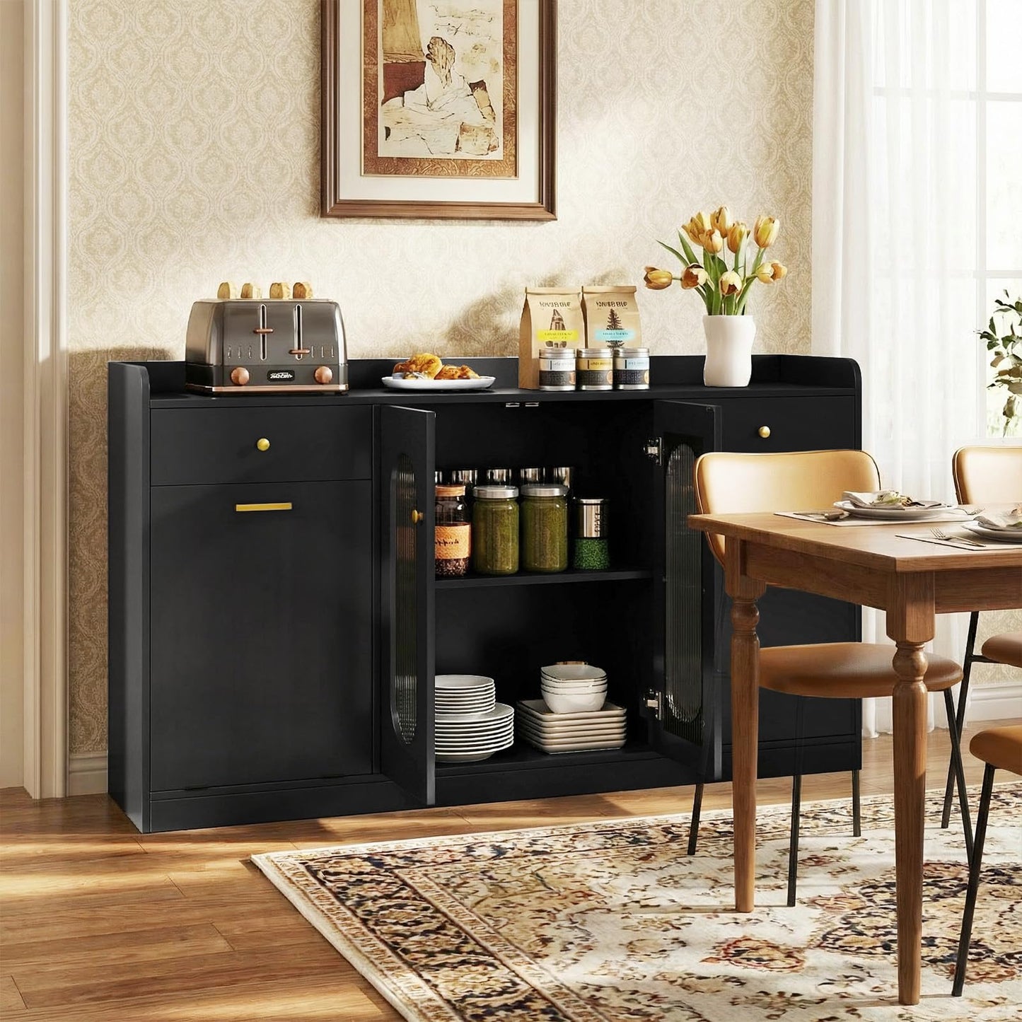 Giantex 55" Farmhouse Buffet Cabinet, Large Credenza w/Hidden Tilt Out Trash Can, 2 Glass Doors, 2 Drawers & Adjustable Shelves, Modern Sideboard Coffee Bar Cabinet for Kitchen, Dining Room (Black)
