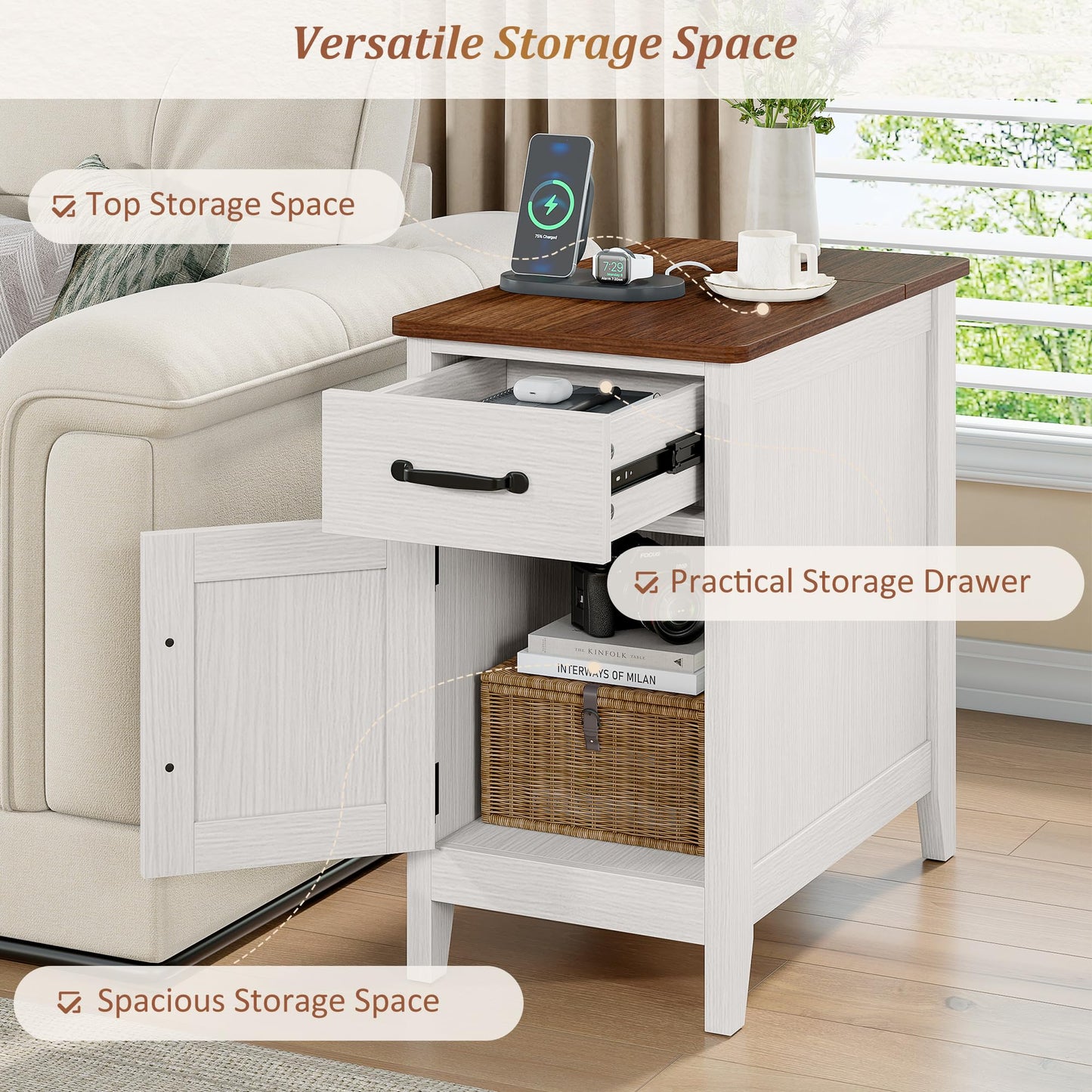 Alohappy End Table Set of 2 with Charging Station, Narrow Side Table with Hidden Flip Top & Power Strip, Farmhouse Nightstand with Drawer and Storage Cabinet for Living Room, Bedroom (2, White)