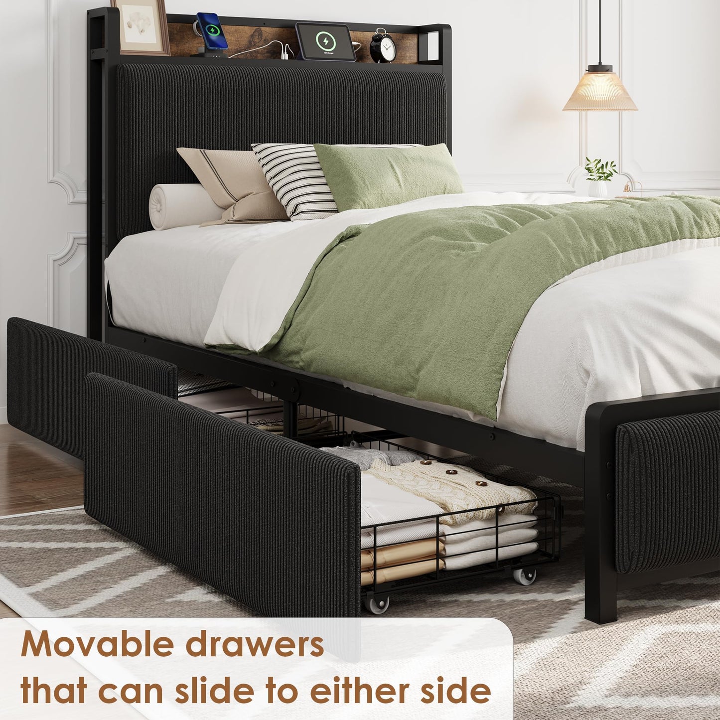 Garvee Twin Size Bed Frame with 2 Storage Drawers and Charging Station, Rustic Linen Upholstered Platform Bedframe with Storage Headboard, No Box Spring Needed, Easy Assembly, Noise Free-Black
