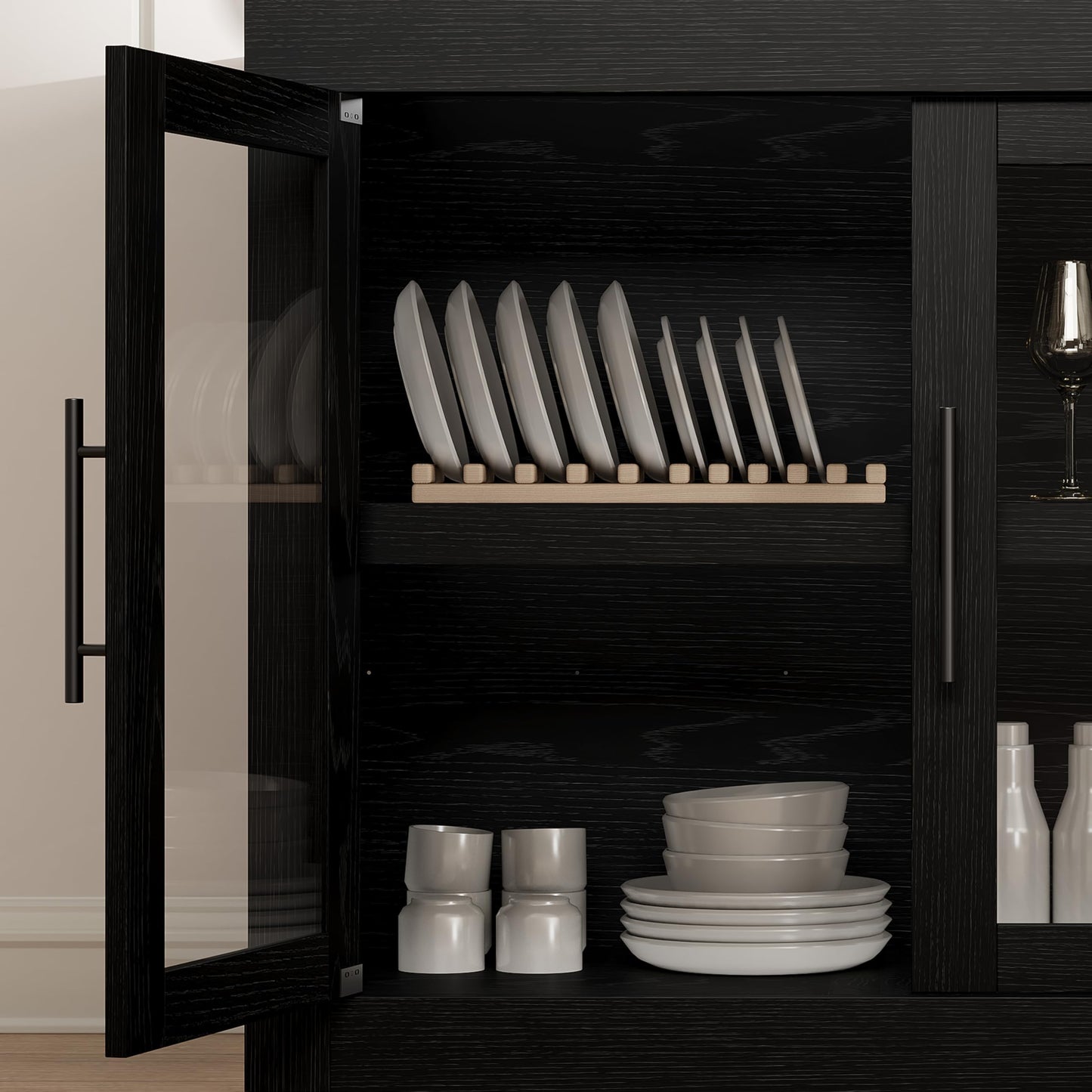 70.8" Sideboard Buffet Cabinet with 4 Glass Doors, Farmhouse Modern Accent Cabinet with Storage, Wood Coffee Bar Media Console Credenza for Living Room, Kitchen, Hallway, Black