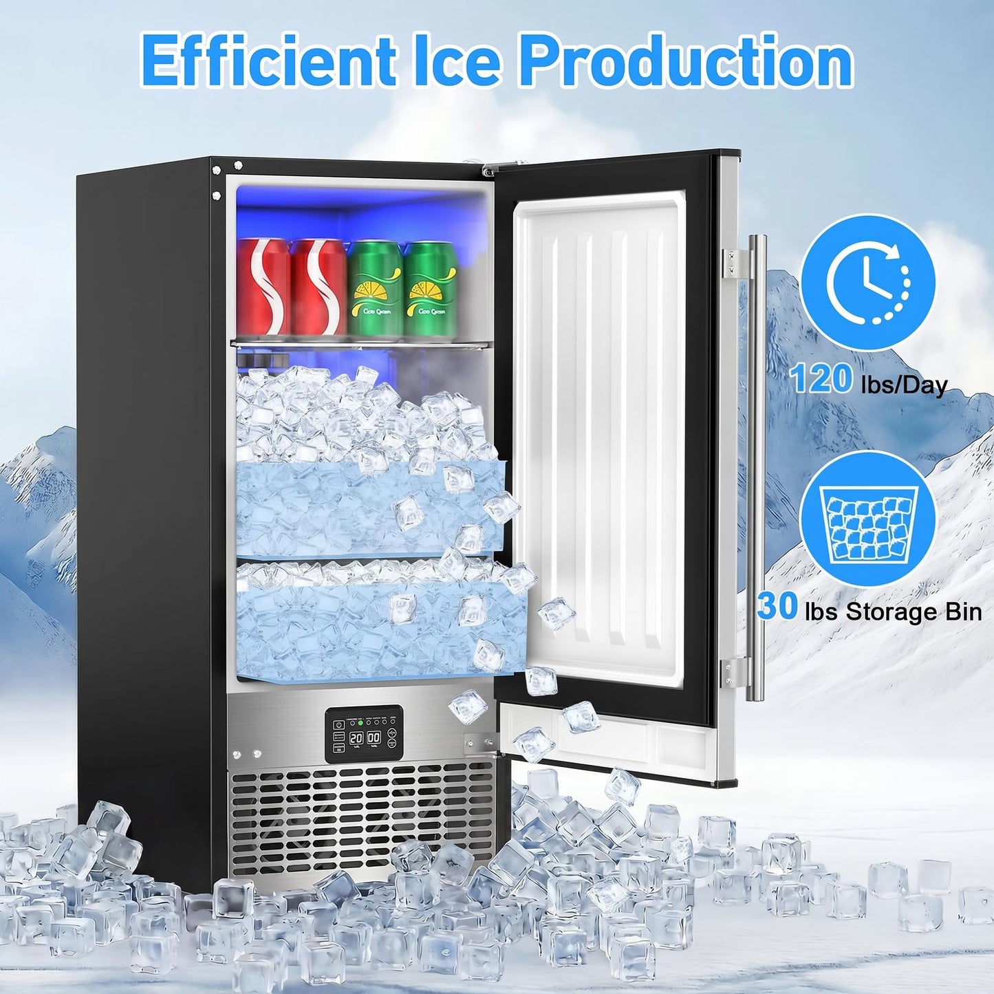 Under Counter Ice Maker 120lbs/24h, 2 in 1 Commercial Ice Machine & Beverage Refrigerator with 2 Drawers & 30lbs Storage, Stainless Steel Reversible Door, Adjustable Ice Thickness for Home Bar Kitchen