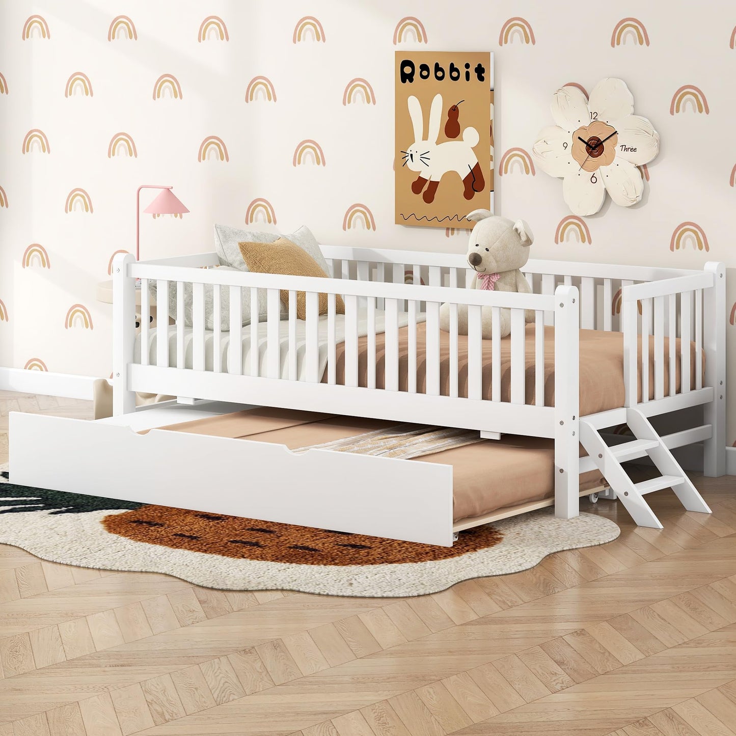 Merax Wood Twin Size Platform Bed with Guardrail and 2 Drawers, Kids Bed Frame with Stairs, White