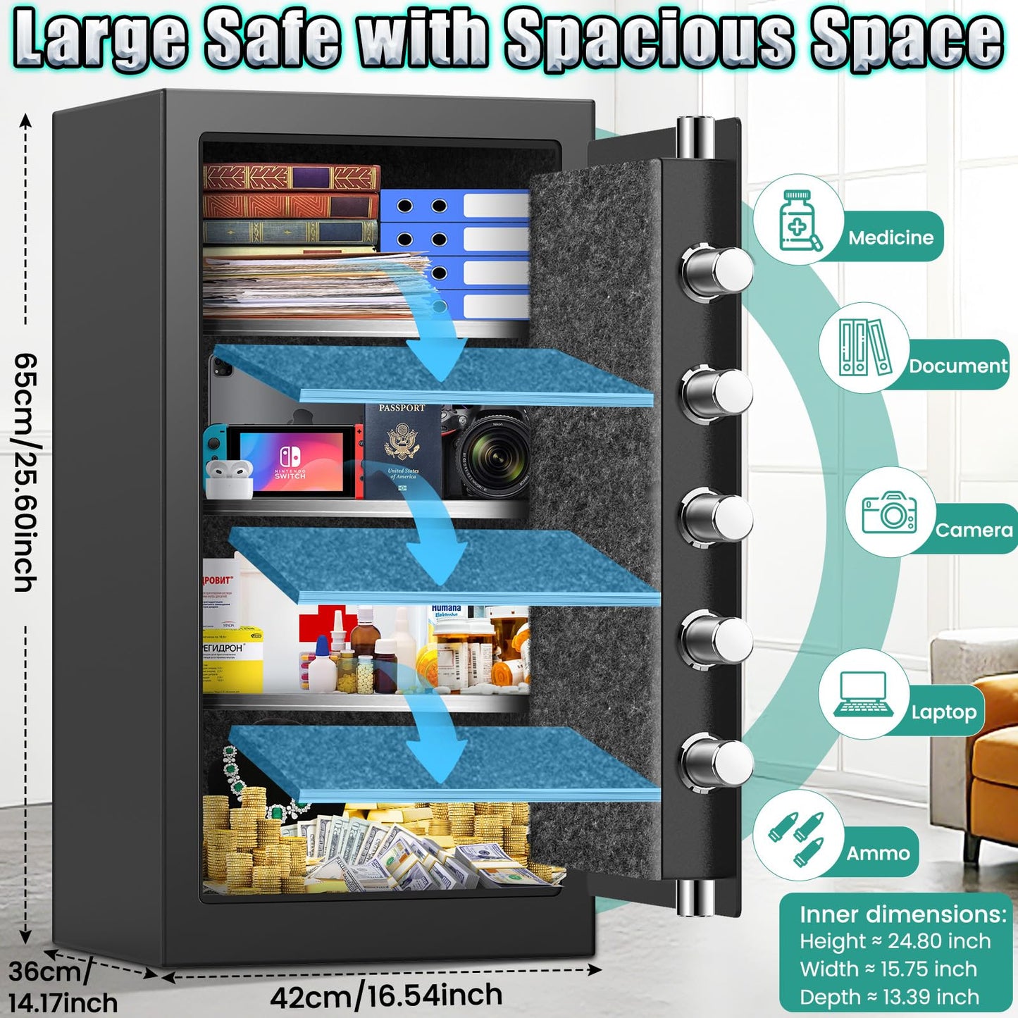 [𝟮𝟬𝟮𝟲 𝗡𝗲𝘄] 25.59'' Tall Large Safe Fireproof Waterproof | 1800°F Fire Protection for 35 Mins, Digital Safe Box with Spare Keys, Alert Alarm and Removable Shelf, Anti-Burglar Safes for Home File
