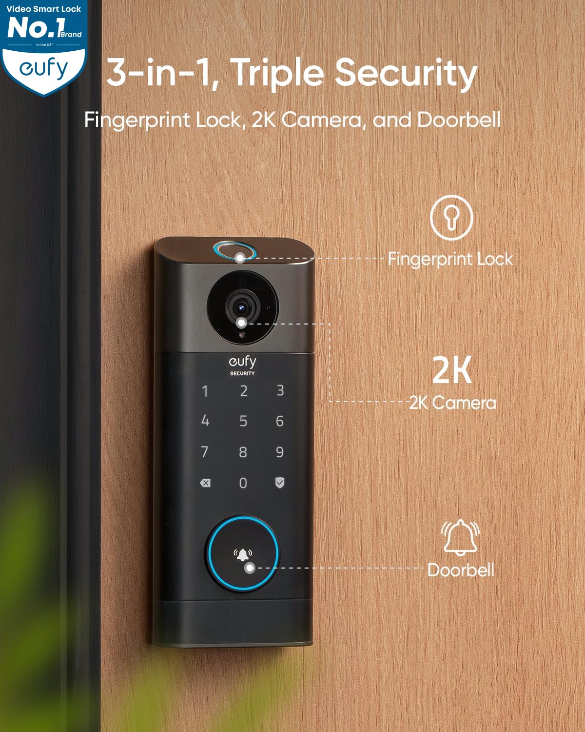 eufy Security Video Smart Lock S330, 3-in-1 Camera+Doorbell+Fingerprint Keyless Entry Door Lock, Smart Wi-Fi Deadbolt for Front Door, 8 GB Built-in Storage, SD Card Expandable, Chime Included