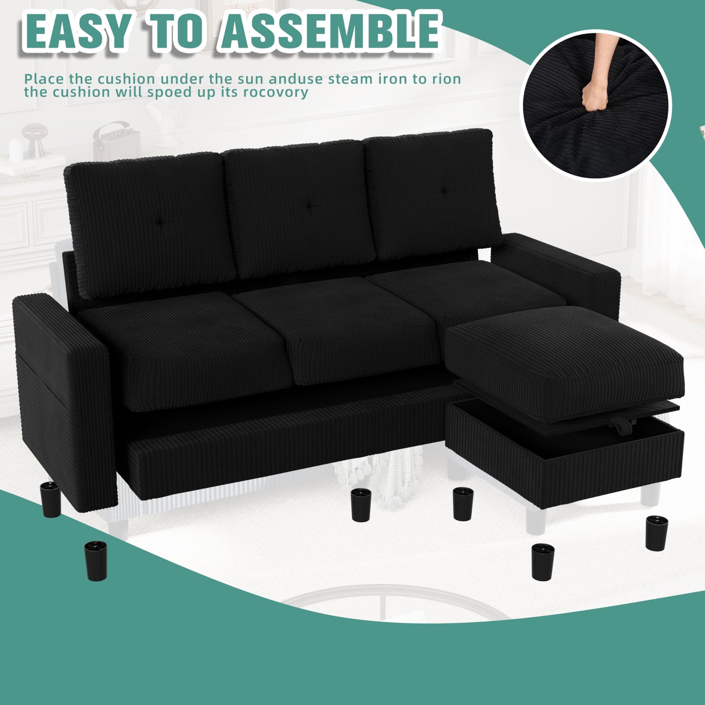SUNLEI Convertible Sectional Couch Sofa for Small Spaces, L Shaped Modular Sofa with Removable Ottoman Storage, 3 Seat Modern Small Couches for Living Room in Apartment, Jet Black