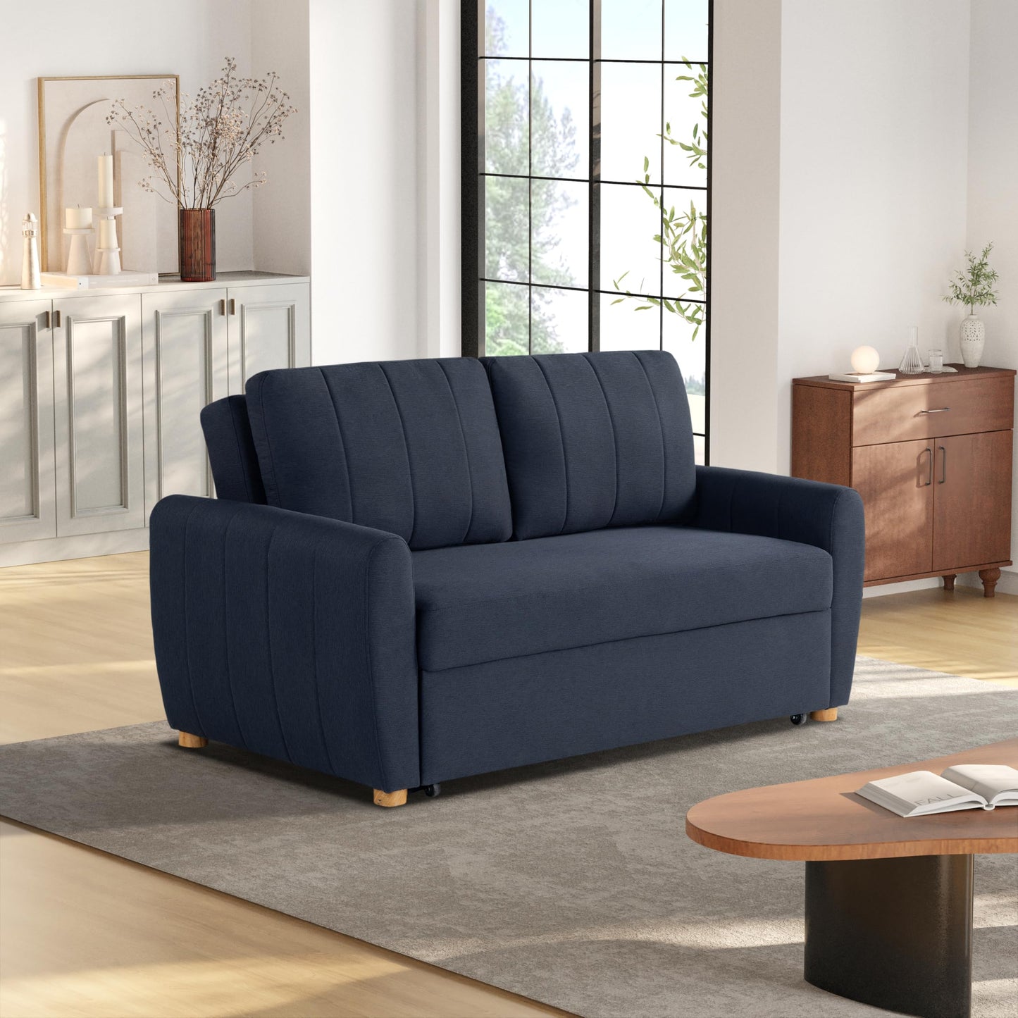 Serta® Galway 66.5" Full-Size Convertible Pop-up Sofa, Dream Coil® Comfort, Finger Guard® Pinch Point Protection, Woven Polyester Fabric, Navy Blue