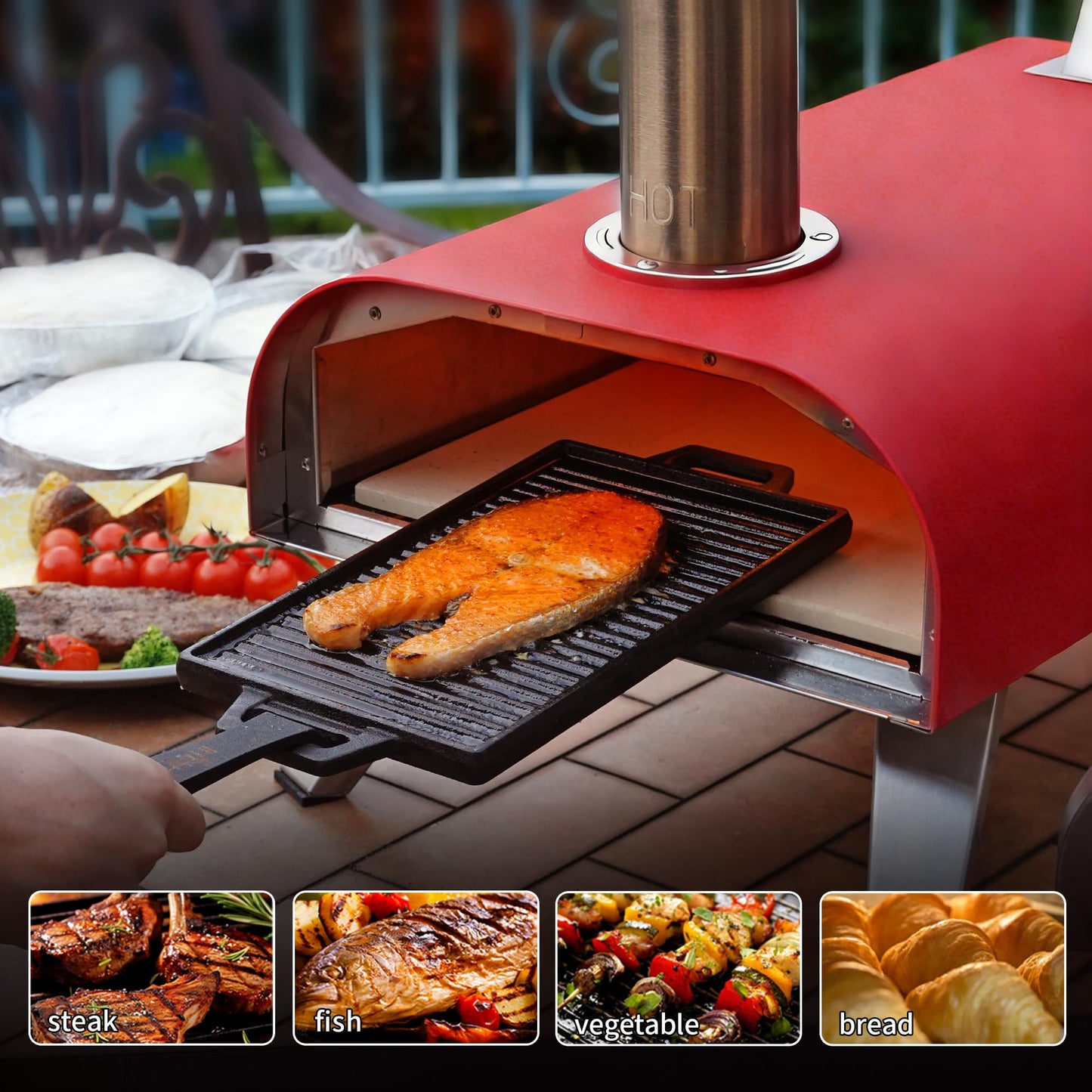 BIG HORN 12" Multi-Fuel Outdoor Pizza Oven Reach up to 1110℉– 3-in-1 Wood,Gas &Electric Compatible (Burners Sold Separately),Pellet Pizza Oven Portable Pizza Maker for Backyard, Camping&Tailgating,Red