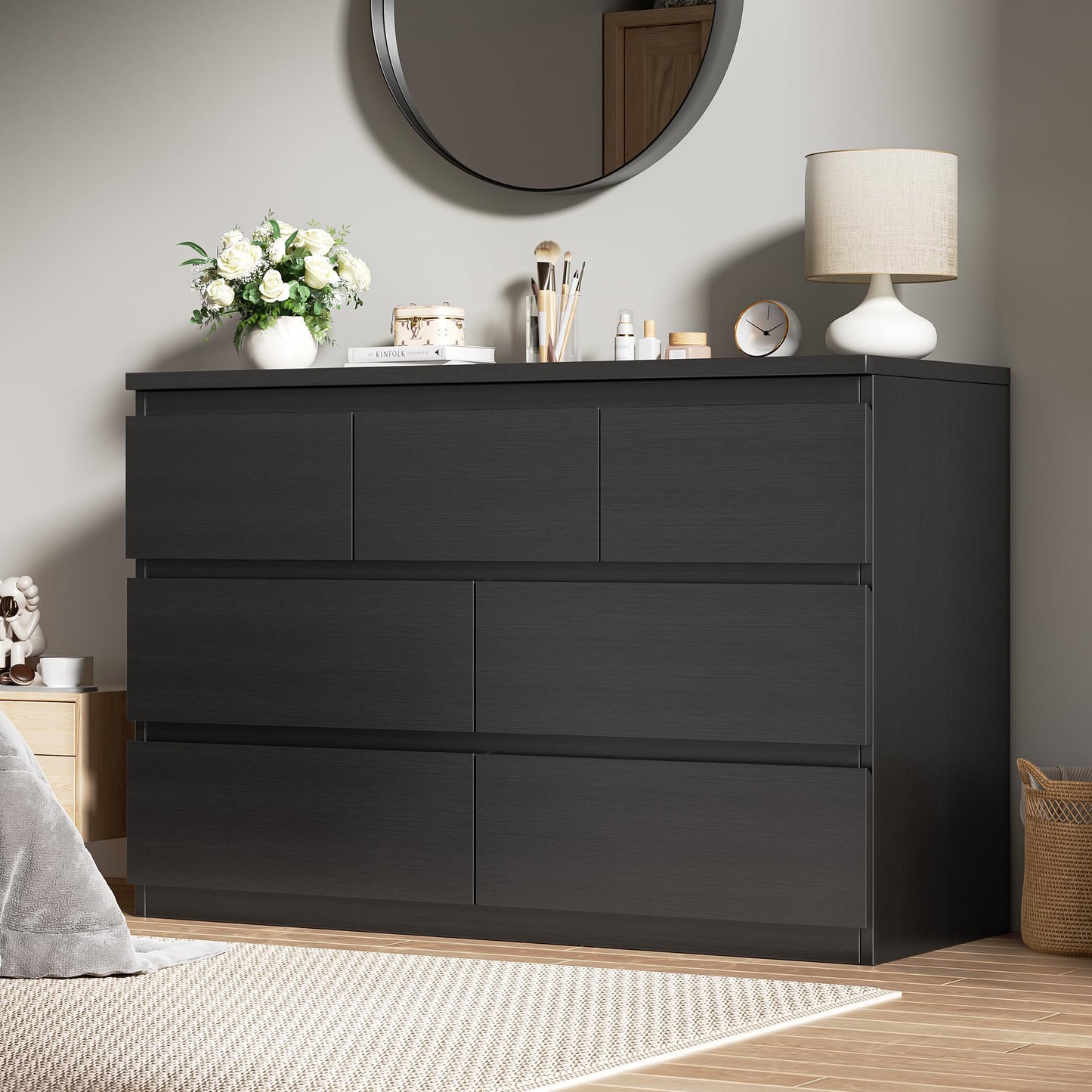 Jocoevol Modern Black 7 Drawer Dresser for Bedroom, Simply Chest of Drawers, Wood Storage Dresser with Deep Drawers for Living Room Hallway Entryway, Black