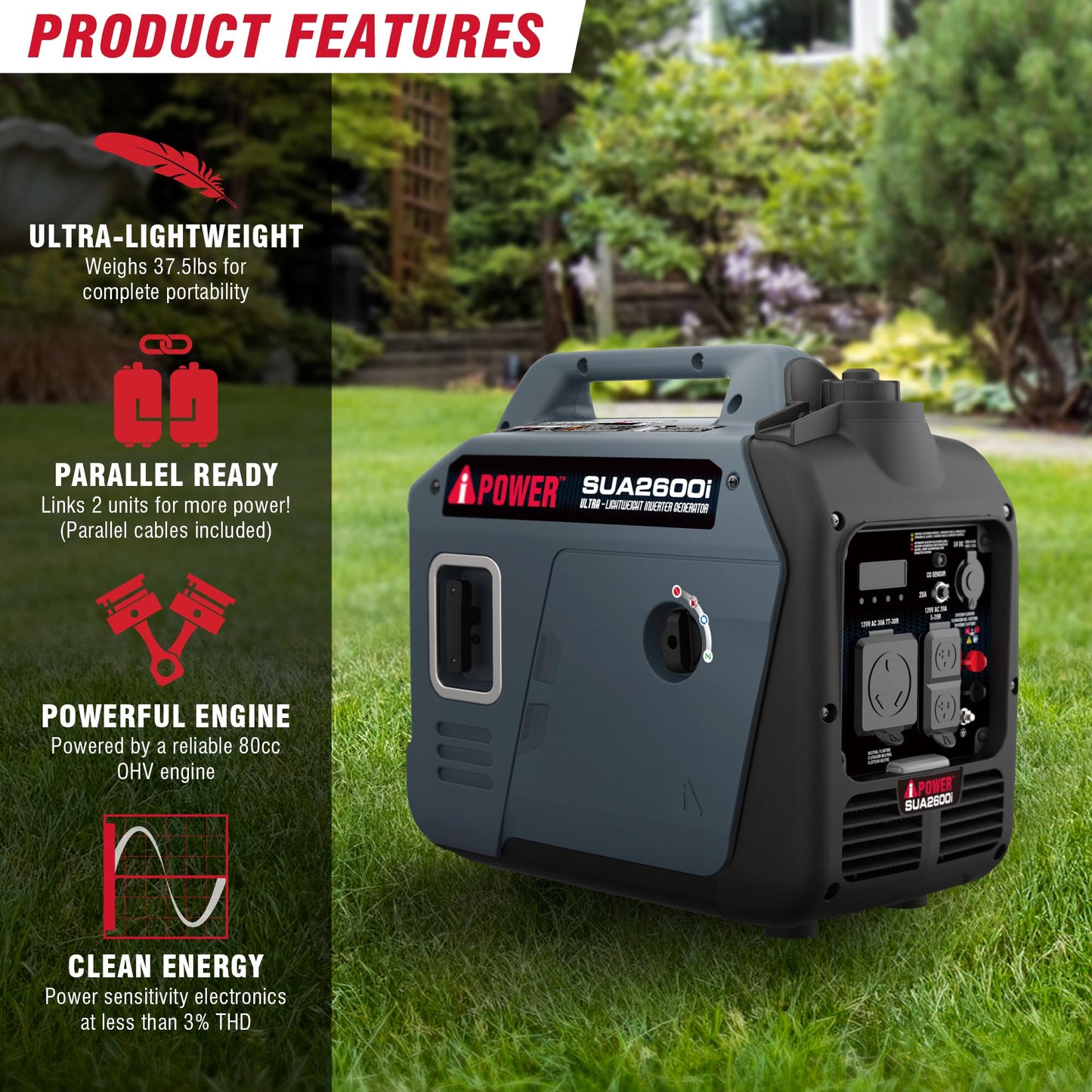 A-iPower Quiet Inverter Generator, 2600W RV Ready, EPA & CARB Compliant CO Sensor, Portable Ultra-Light Weight For Backup Home Use, Tailgating & Camping (SUA2600i)