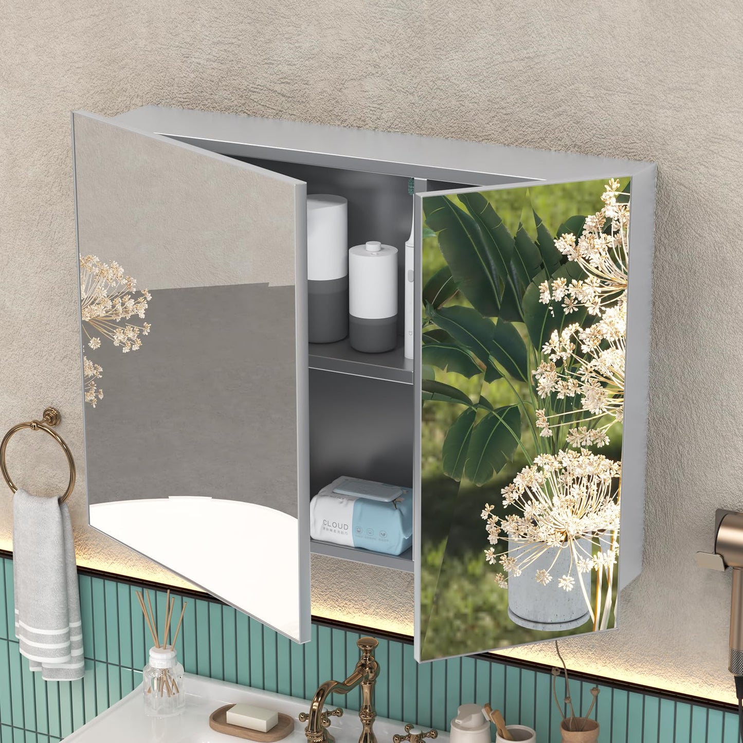 Umeiga 36x24 Medicine Cabinet Mirror with Storage, Pre-Assembled Medicine Cabinets for Bathroom, Recessed or Surface Mount Large Silver Mirrored Medicine Cabinets (Horizontal)