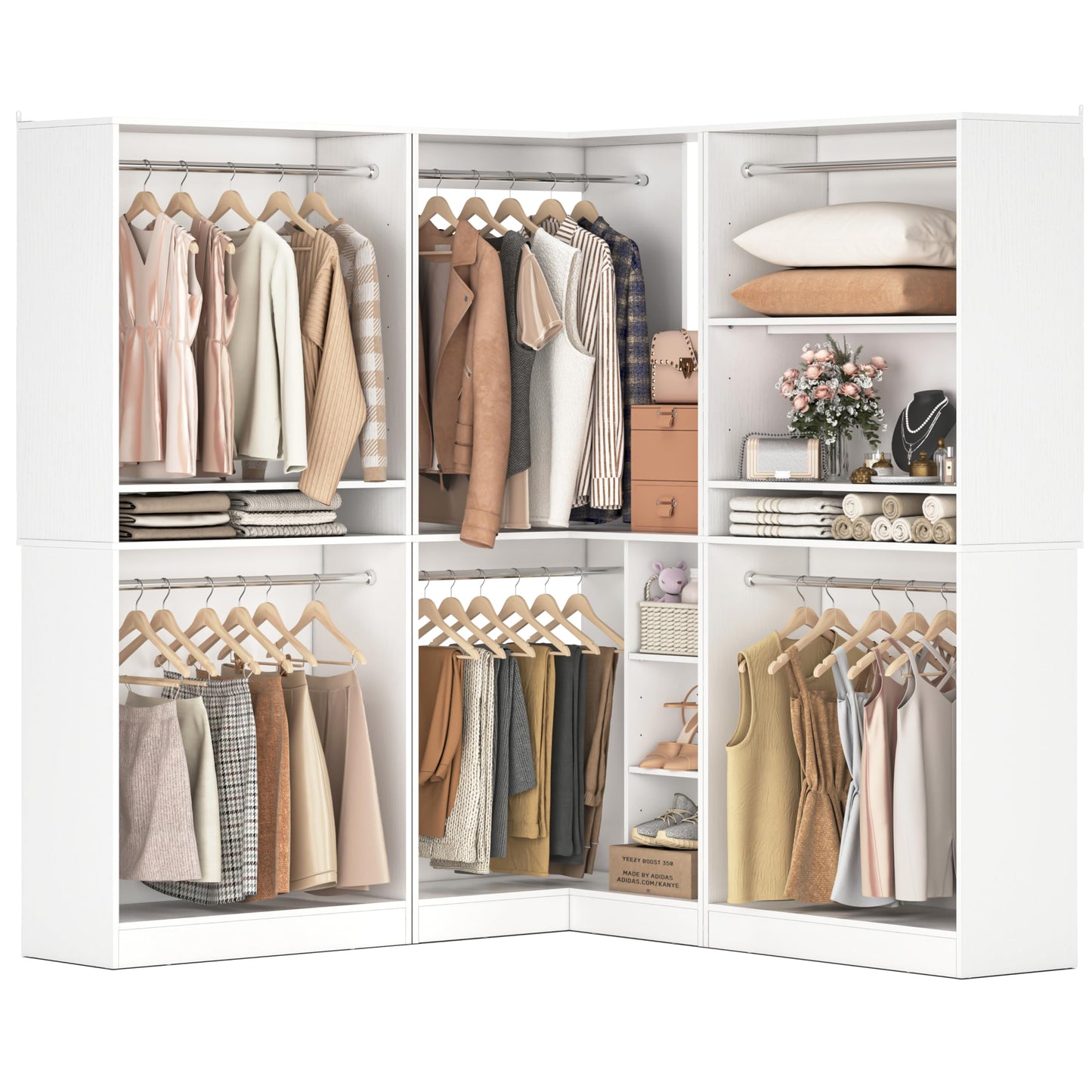 Unikito 108” Corner Closet System, 3-Piece L-Shaped Closet Organizer with 2 Closet Towers and 1 Corner Unit, Heavy Duty Wood Garment Rack with 6 Hanging Rods, Freestanding Walk-in Wardrobe, White