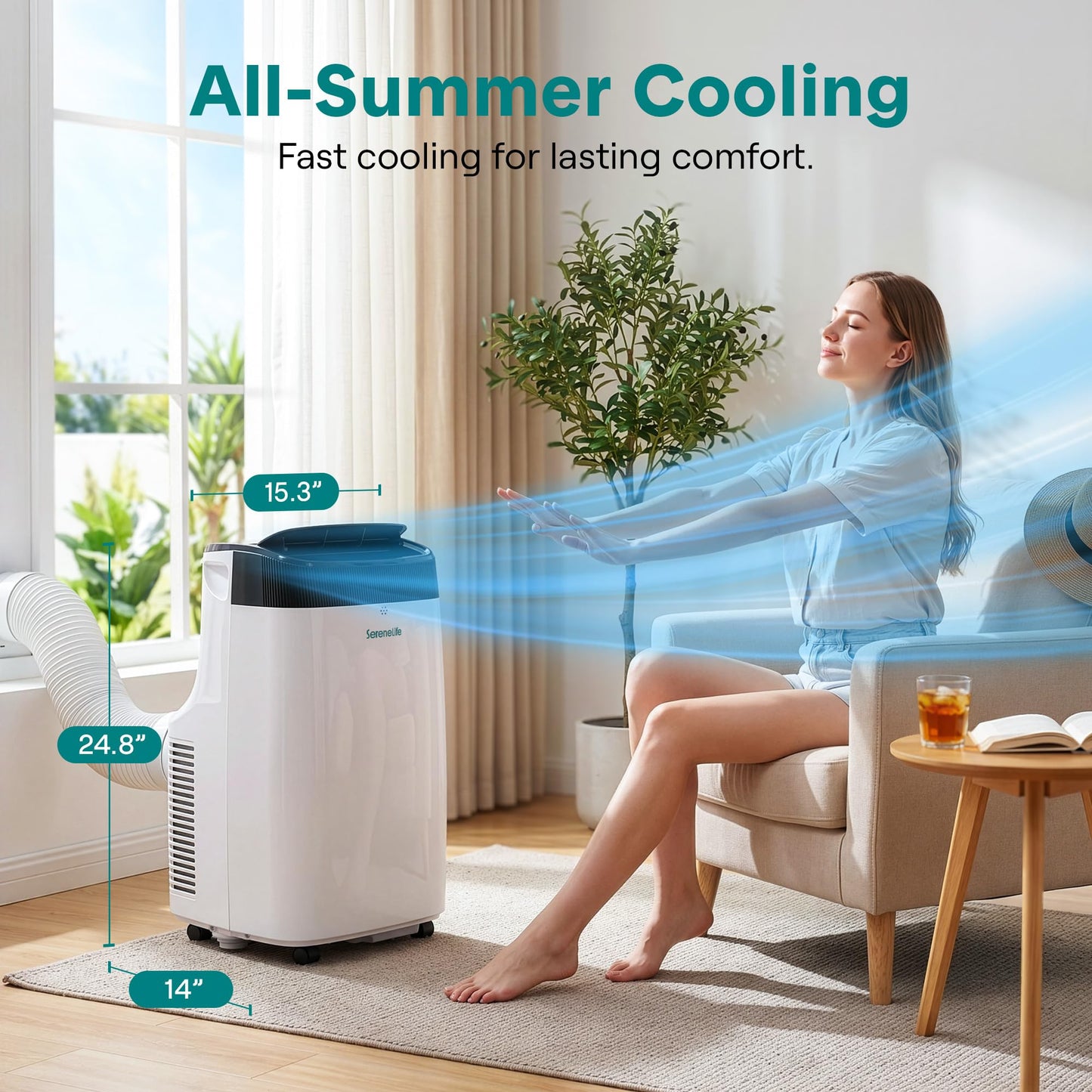 SereneLife Small Air Conditioner Portable 10,000 BTU with Built-in Dehumidifier - Portable AC unit for rooms up to 450 sq ft - Remote Control, Window Mount Exhaust Kit