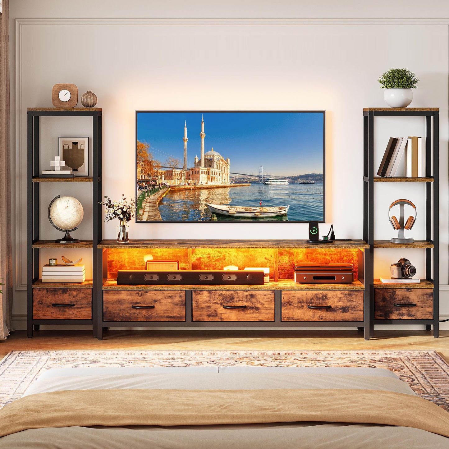 YITAHOME TV Stands for 65 inch TV Entertainment Center with 2 Industrial 4-Tier Bookshelves, LED TV Stands for Living Room, Modern Farmhouse TV Console Cabinet with Power Outlets, Rustic Brown