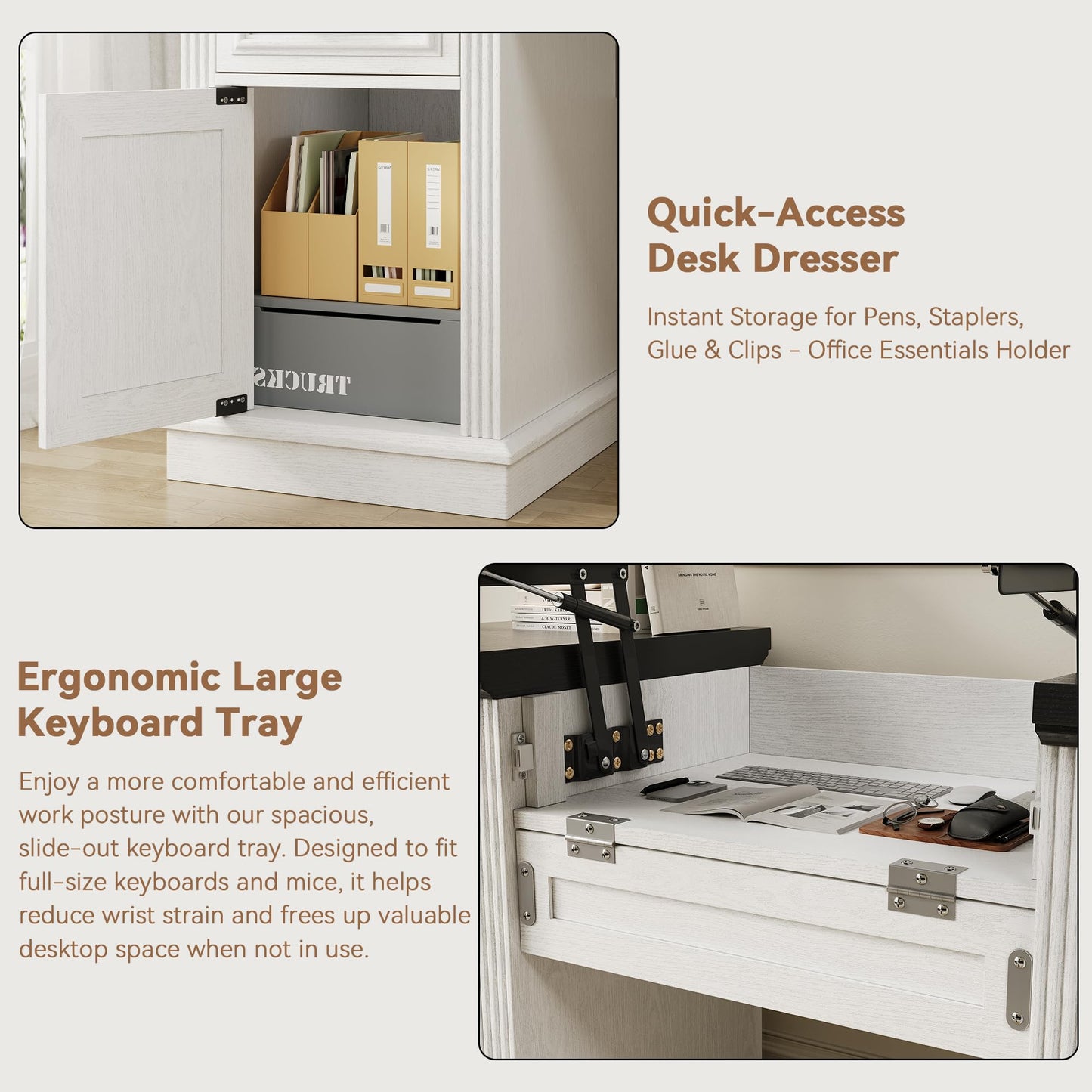 Jocoevol 57" Lift Executive Desk with Drawers, Farmhouse Home Office Desk with File Cabinet Storage, Computer Desk with Charging Station & Headphone Hook for Work/Study/Writing (White & Black, Lift)