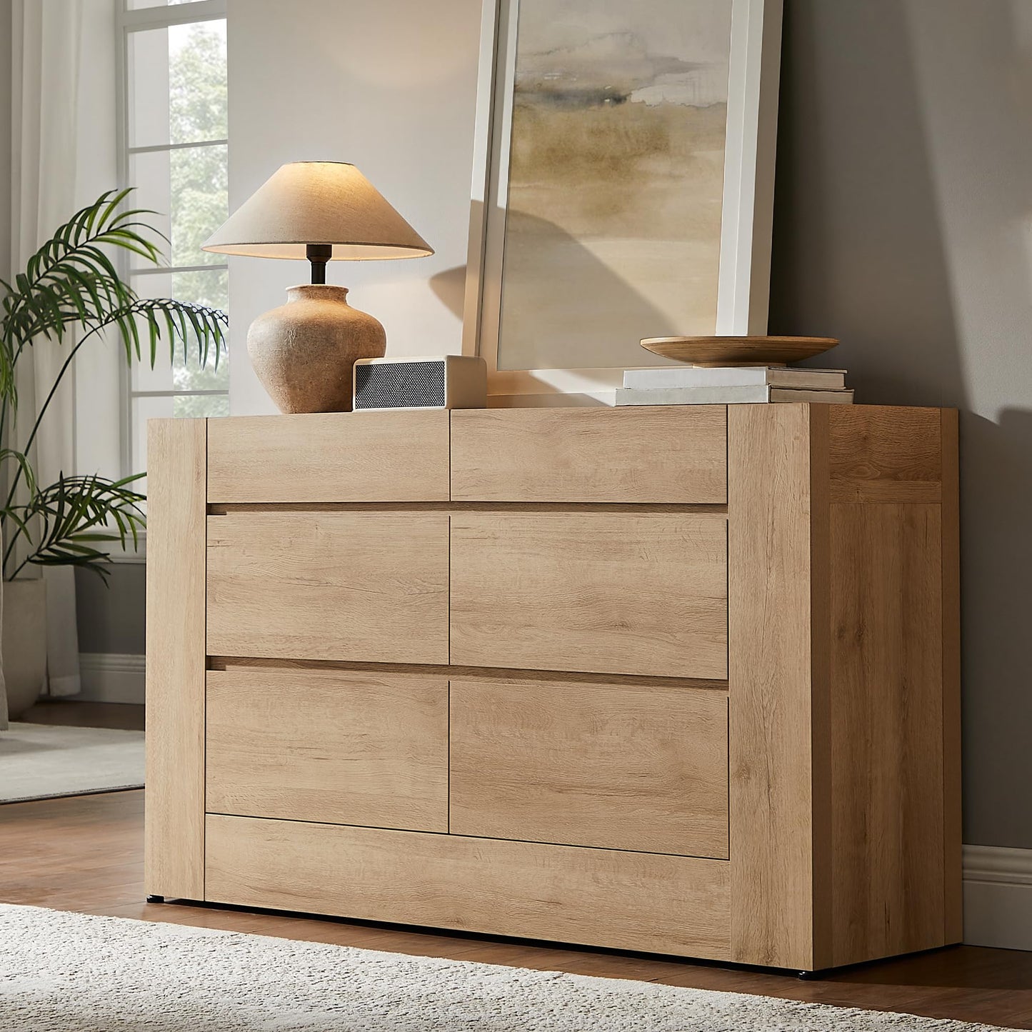 OKD 6 Drawer Dresser for Bedroom, 54" Wide Chest of Drawers with Thick Wood Design, Handleless, Modern Bedroom Dresser, Storage Organizer for Living Room/Entryway/Hallway, Natural Oak