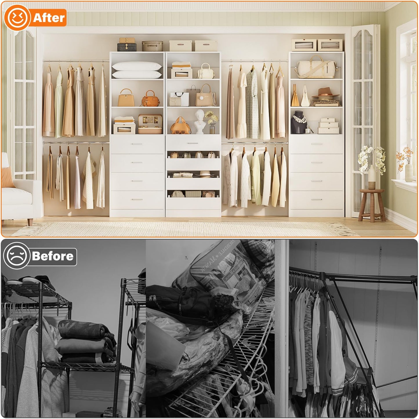 Aheaplus Closet System with 12 Drawers, 8.5-11.5Ft Wood Closet Organizer System with 4 Hanging Rods & 3 Towers, 4Ft & 6Ft L-Shaped Walk-in Closets Wardrobe Organizer Clothes Rack, Set of 3, White1