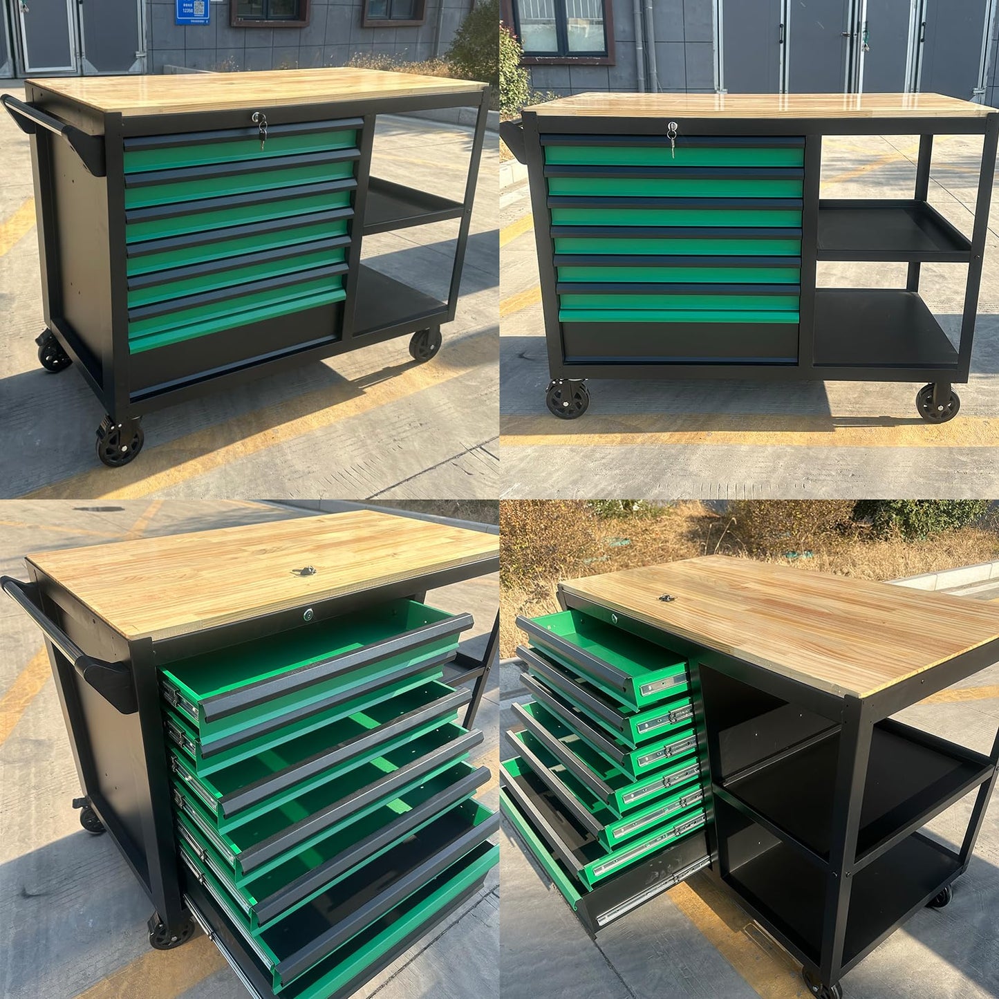 StrideoooTrek Tool Cabinet with 7 Storage Drawers, Wood Top Workbench, Brake Caster,Lockable Drawer,Black Metal Frame Tool Chest with Double Shelves for Garage, Workshop, or Outdoor Use(7 Drawers)