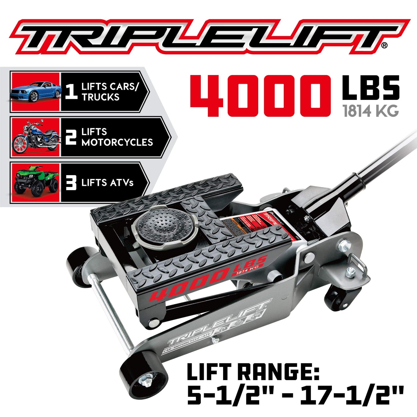 Powerbuilt 2 Ton Triple Lift Floor Jack, Works on Cars, Trucks, Motorcycles, ATV's, Transmissions, 4-3/4 to 17 in. Range, Wide and Stable, Locking Safety Bar - 620422E