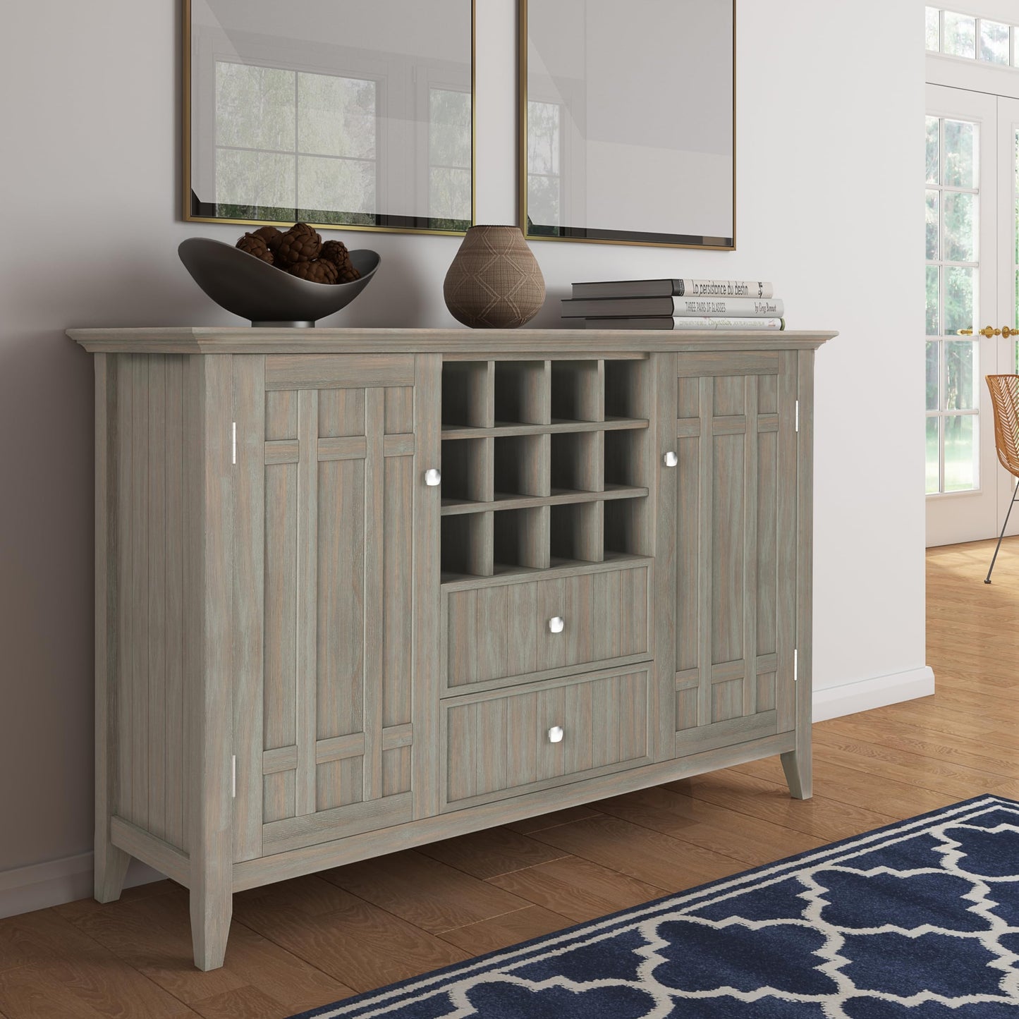 SIMPLIHOME Bedford Buffet - 54 inch Wide Solid Wood 3-Door Sideboard Buffet with Wine Rack in Distressed Grey, Transitional Cabinet for Dining Room or Kitchen with Adjustable Shelves