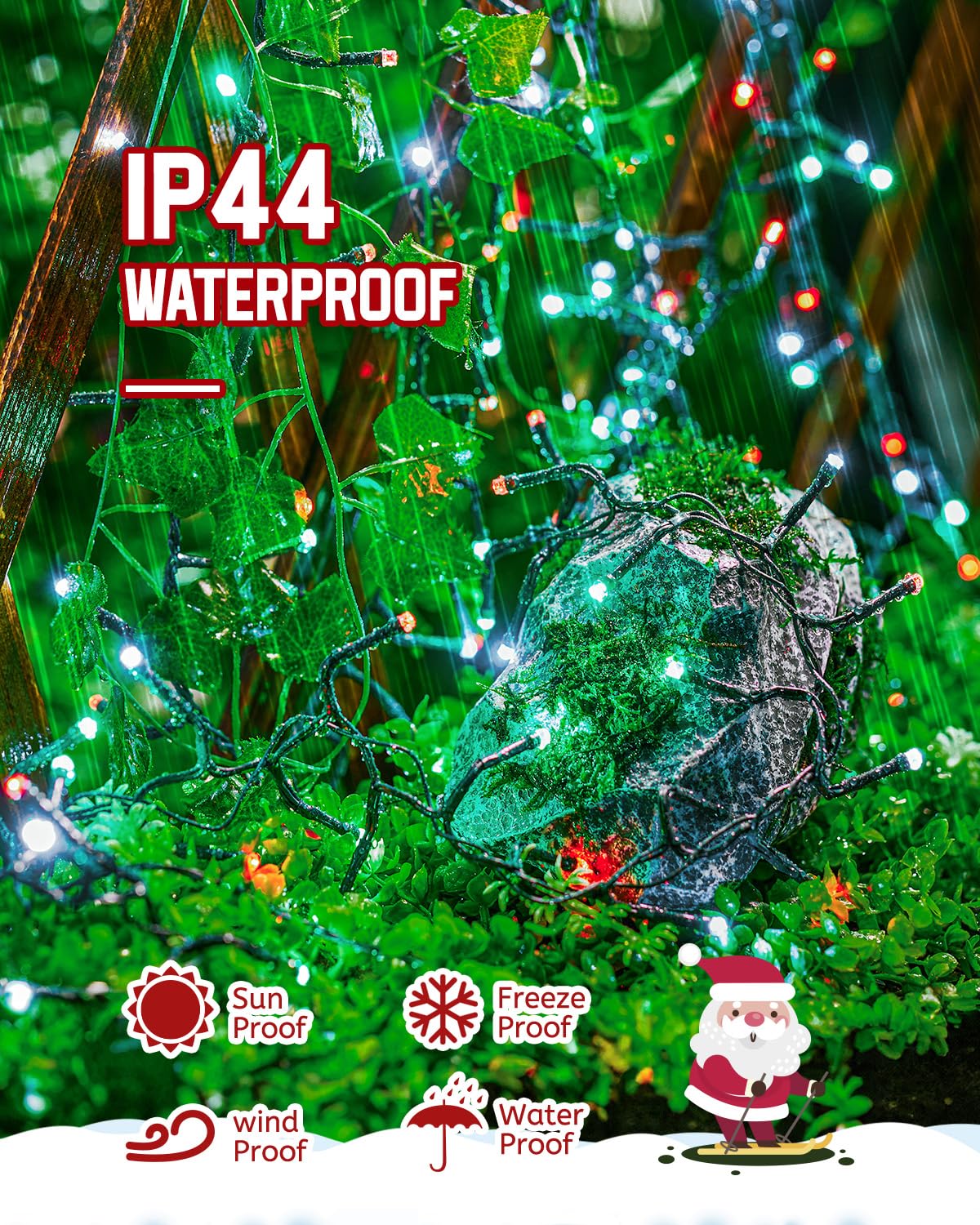 Minetom Christmas Cluster Lights, 120 LED, 10Ft, Battery Operated, Waterproof, 2 Pack, Red Green & White